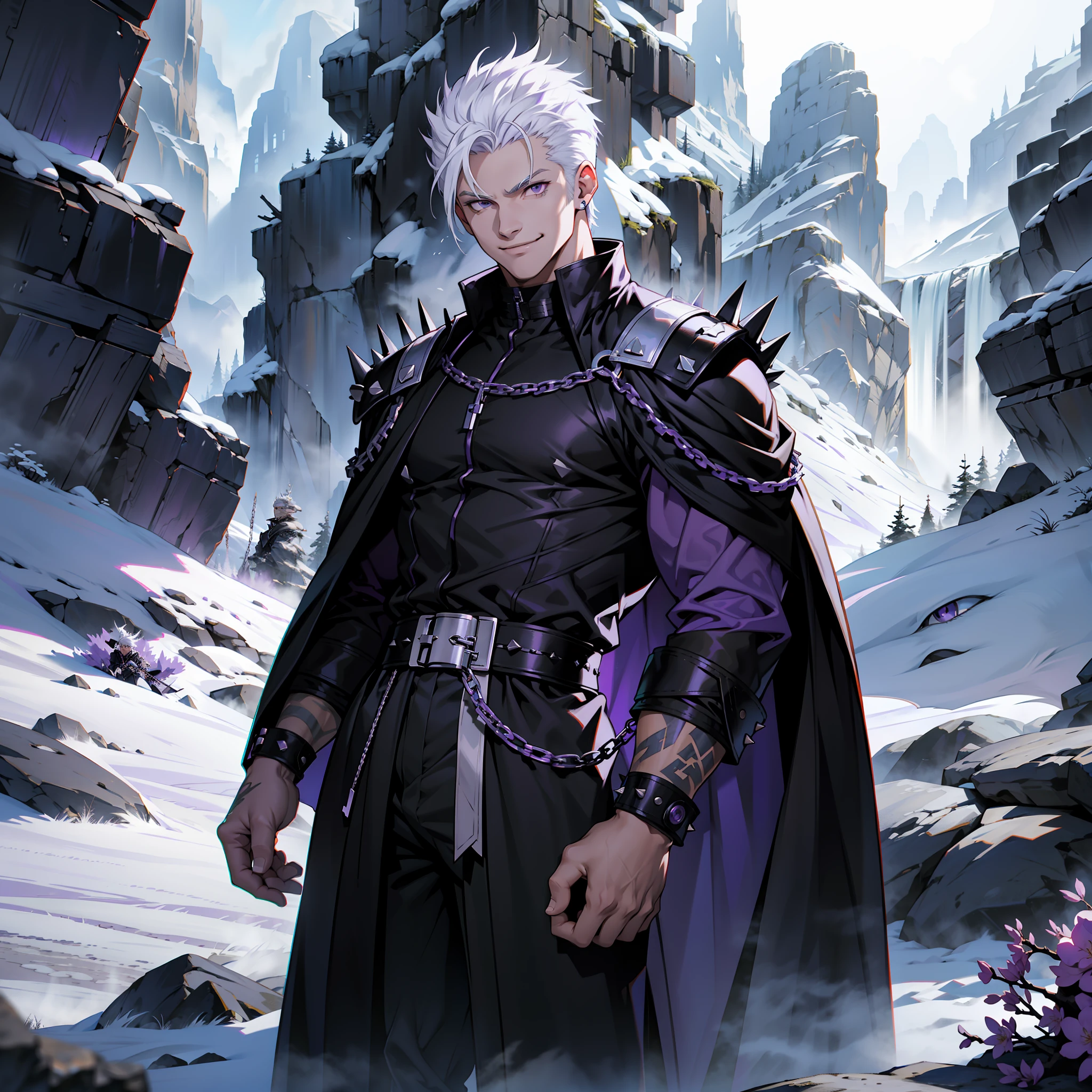 Killer, spiky white hair, short hair, lilac and purple eyes, black robe, tight white blouse, black long pants, white military boots, chains, smiling, muscular man, dark valley scenery, spot in mist.