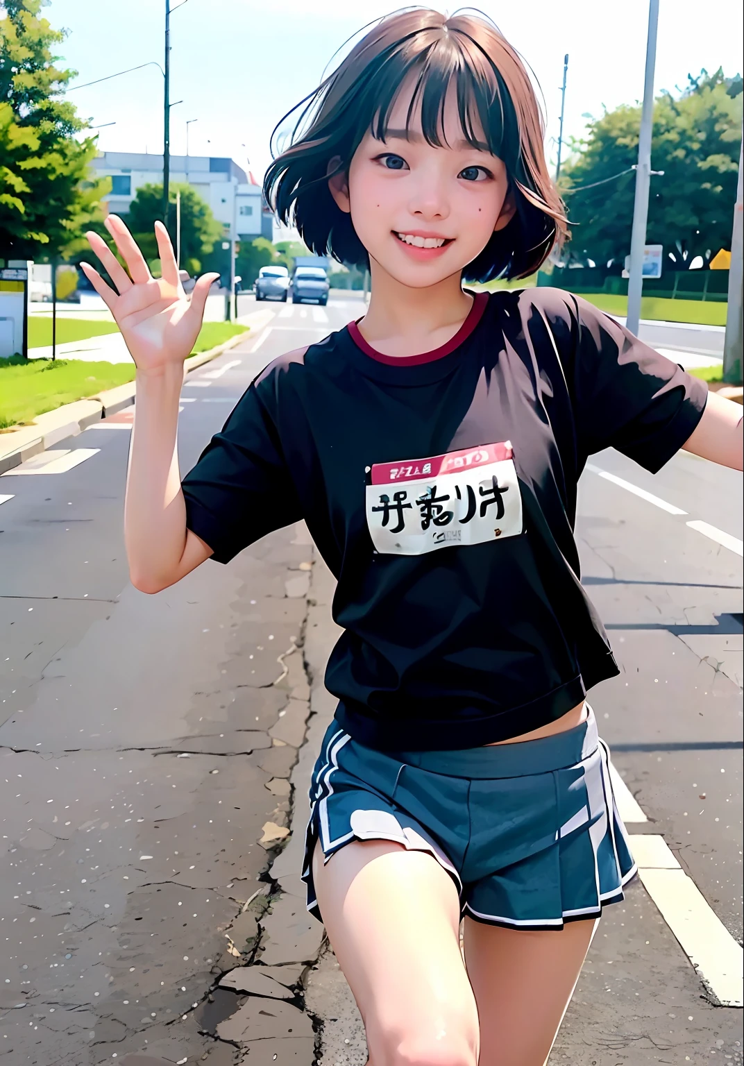 junior high school student, cute schoolgirl, running a marathon, waving to sidewalk spectators, athletic clothes, shorts, short hair