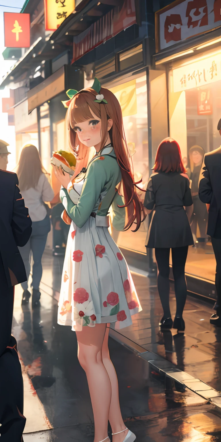 masterpiece, top quality, bewitching pose, full body wide angle, blush, hamburger eating woman,
Silence Suzuka \, green and white floral Ao Dai, festival,