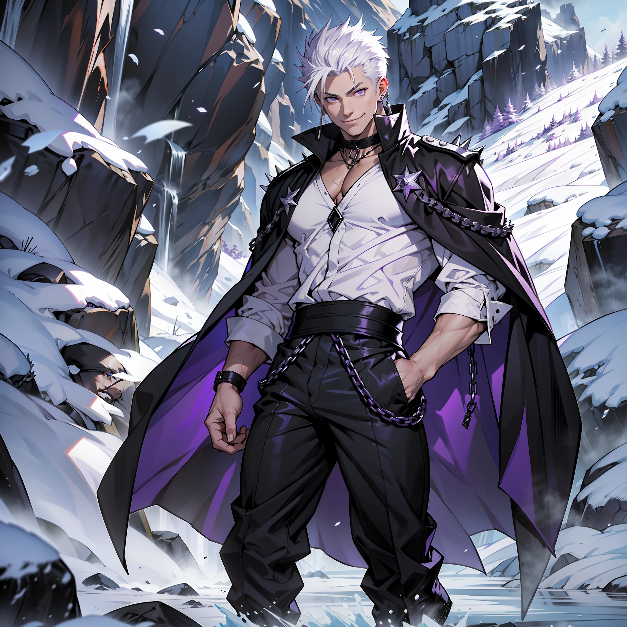 Killer, spiky white hair, short hair, lilac and purple eyes, black robe, tight white blouse, black long pants, white military boots, chains, smiling, muscular man, dark valley scenery, spot in mist.