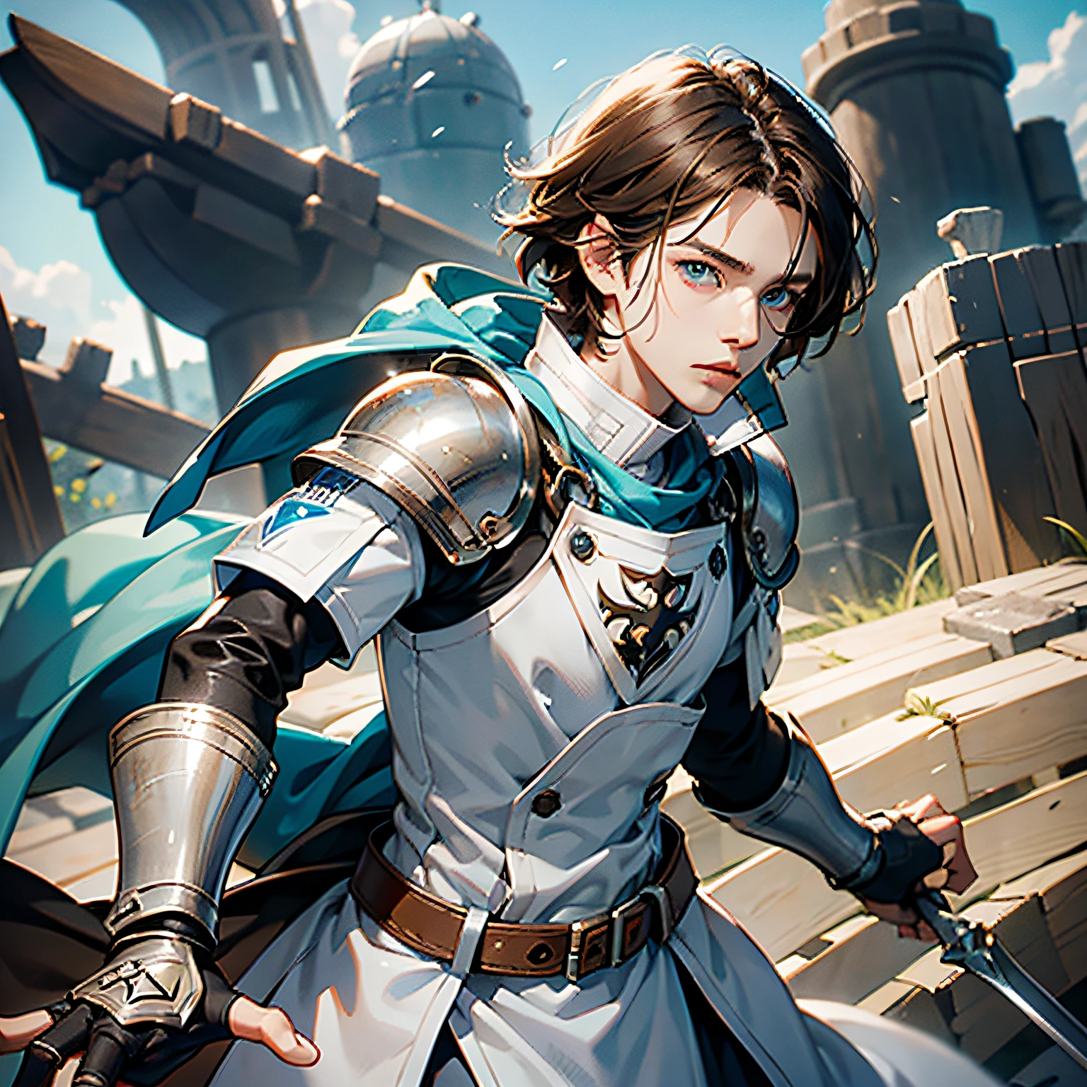 anime, young knight, boy, drakengard artstyle, brown hair, blue eyes, white outfits, silver armbands, looking for camera, detailed eyes, synchronized eyes, best quality, good anatomy, detailed face, 4k, masterpiece, detailed eyes --auto --s2