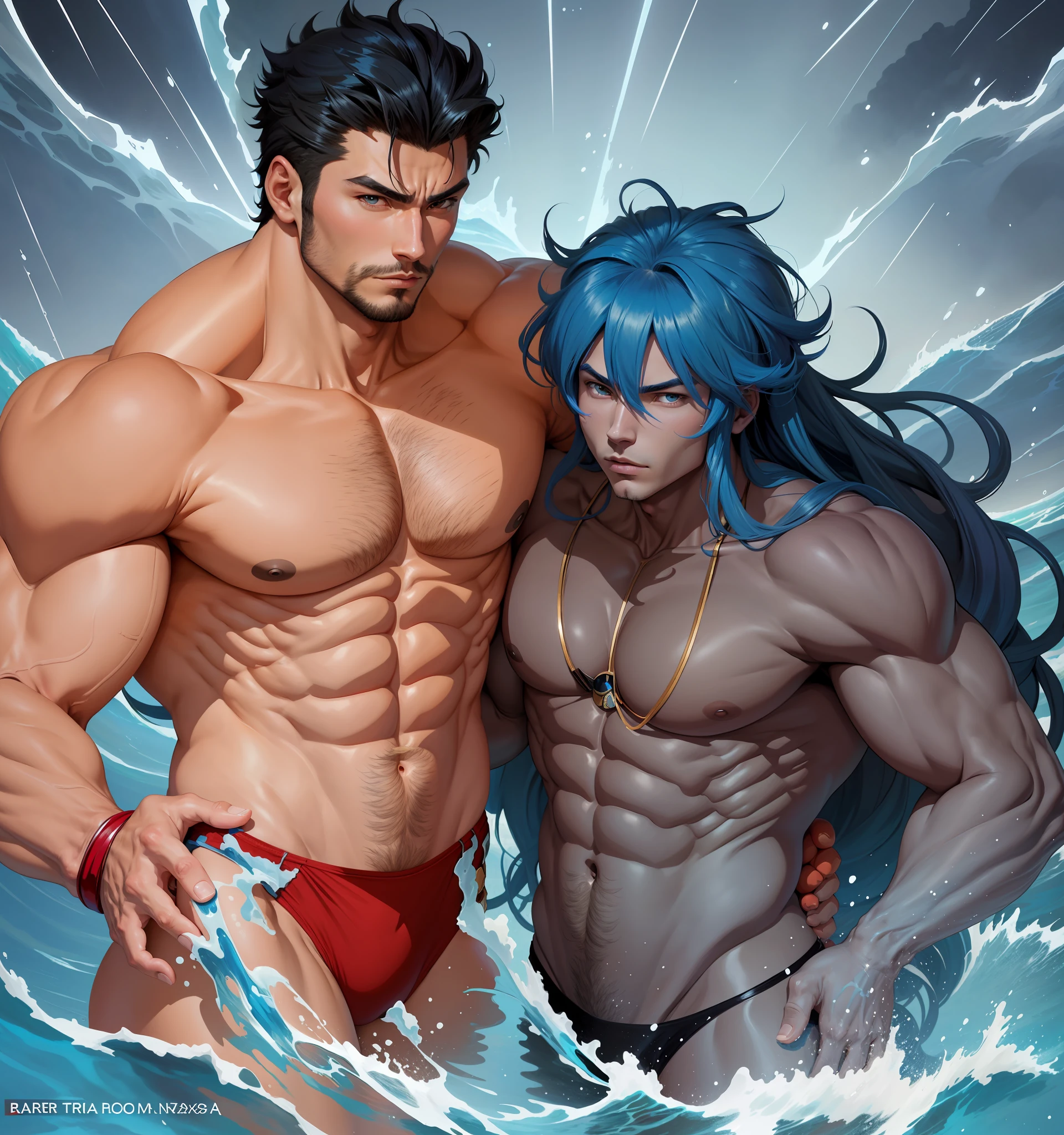anime guy and girl in the water with blue hair, artgerm and genzoman, sirius a and sirius b, genzoman and frank franzzeta, two anime handsome men, commission for high res, petros and leonid, muscular!!, frank franzzeta and sakimichan, muscular characters, muscular!