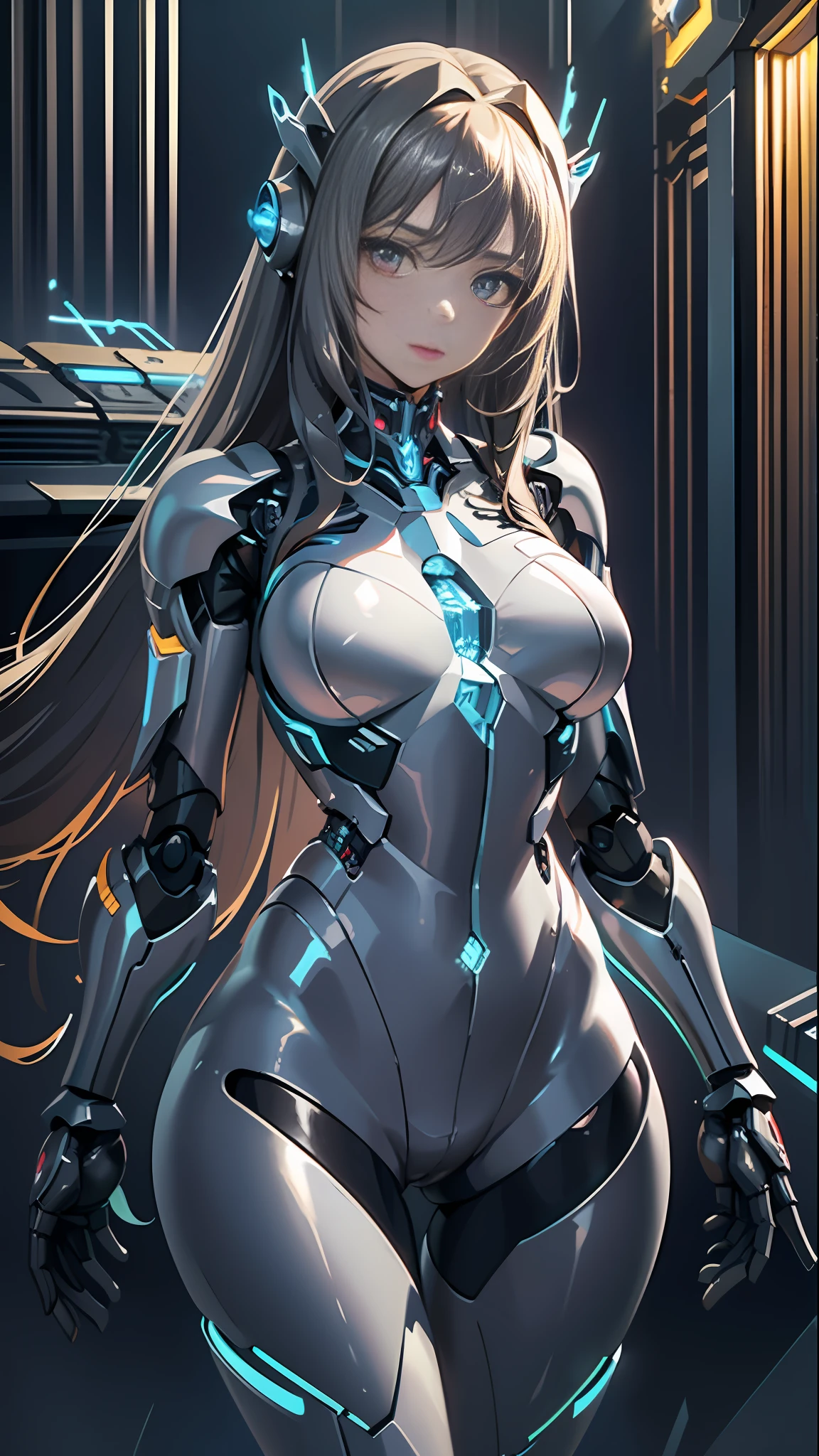 masterpiece, best quality,
1girl, solo, long hair, photorealistic, 
(finely detailed beautiful eyes: 1.2),open clothes, glowing eyes, shiny hair, lustrous skin,((1 life-like robot)), metal construction, wires and cables, (glowing eyes), (mechanical arms), science fiction,(large mecha arm),cowboy shot, energy tank,