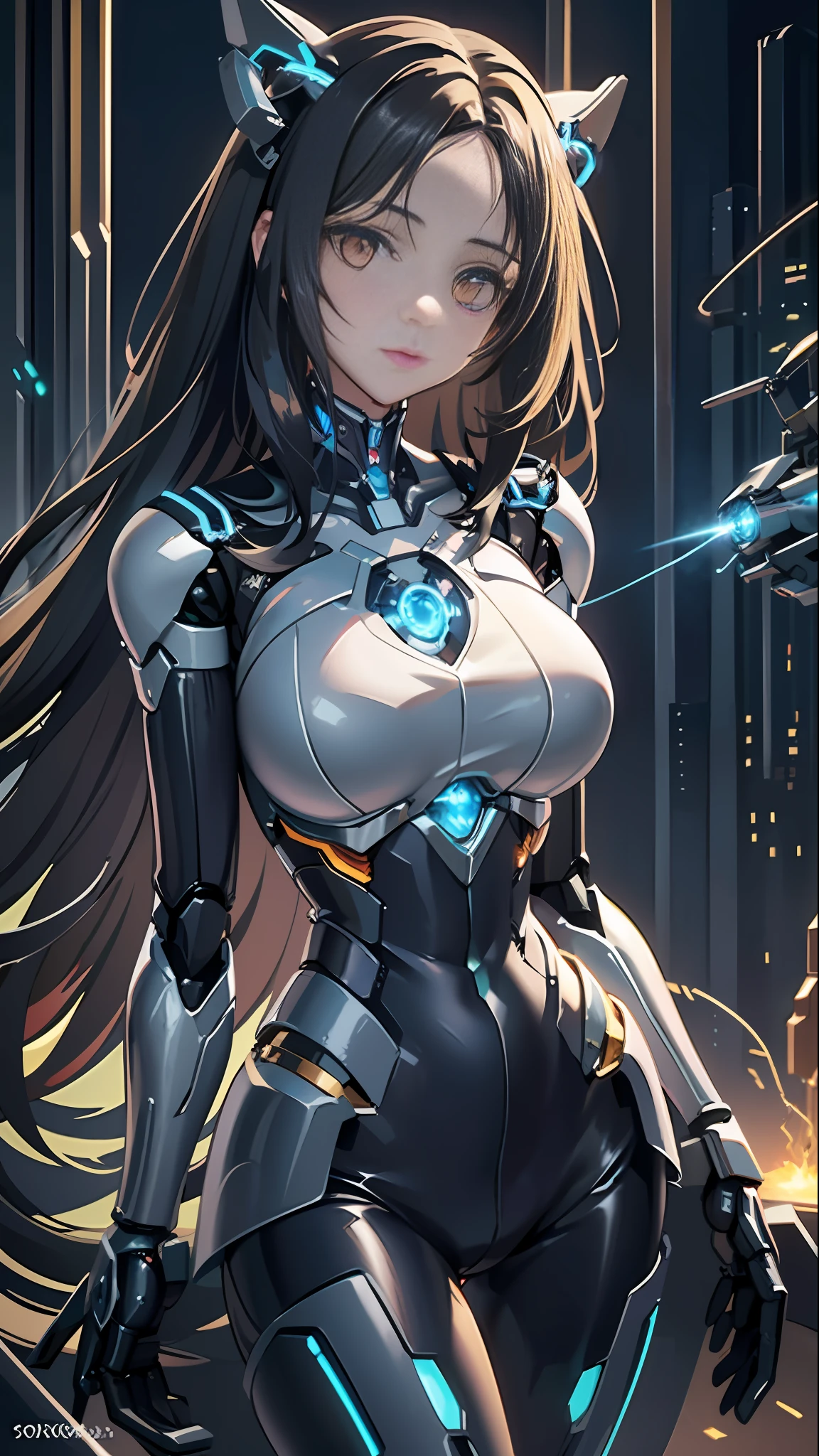 masterpiece, best quality,
1girl, solo, long hair, photorealistic, 
(finely detailed beautiful eyes: 1.2),open clothes, glowing eyes, shiny hair, lustrous skin,((1 life-like robot)), metal construction, wires and cables, (glowing eyes), (mechanical arms), science fiction,(large mecha arm),cowboy shot, energy tank,