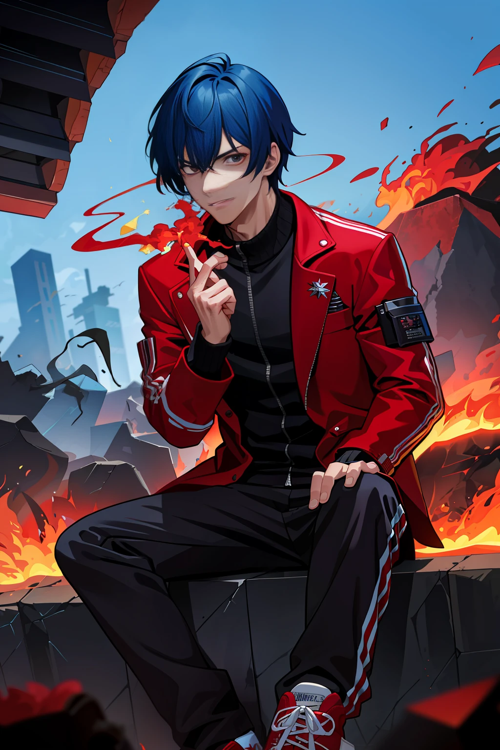 Villainous man, wearing a super detailed red degrade jacket, flaming power in his right hand, red All Star Converse sneakers, goosebump blue hair, power of destruction at his control, crumbling scenery with smoke and fires