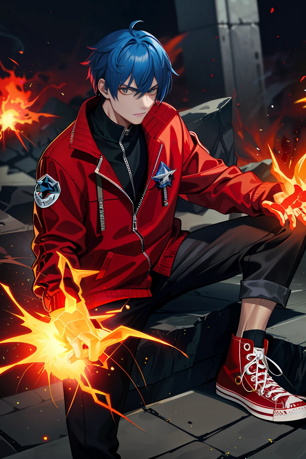 Villainous man, wearing a super detailed red degrade jacket, flaming power in his right hand, red All Star Converse sneakers, goosebump blue hair, power of destruction at his control, crumbling scenery with smoke and fires