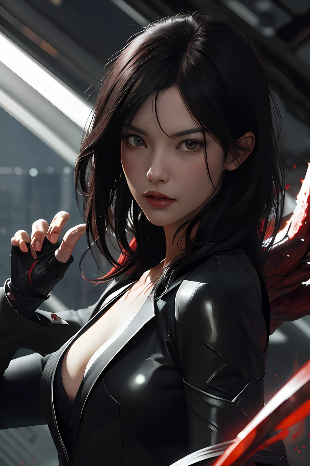 Red Demon attack a Black-Haired Woman, Low-cut Suit, Destroyed Black Cape, Red Heart, two characters, a demon and a girl, Good Perspective Composition, (((five fingers))), Cinematic Setting, Good Composition, Full Image, Personality Design, Artstation Theme, Deviantart Trending, Full HD, 4k, Detailed Detail, Digital Art, 8K Post Production, high resolution, very detailed , trending towards Artstation, Sharp-Focus, studio shot, detailed, many detailed, strong reflections , mismatched images ,Tin ,(((Hyperrealism)))