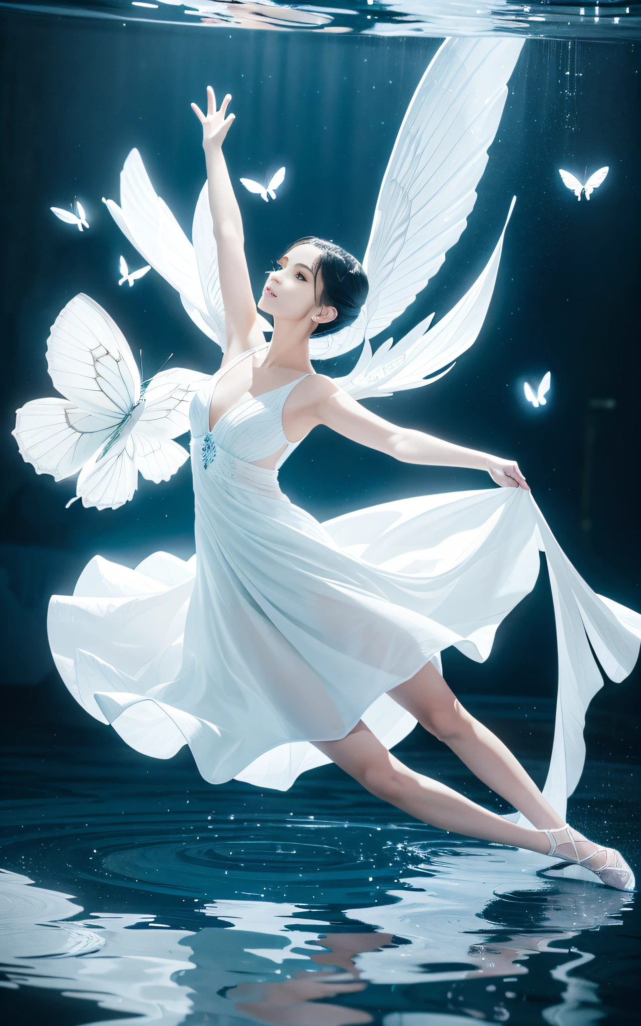 a white gown and butterflies wingsare reflected in a pool of water, in the style ofsculptural precision, dance, light black and bluedynamic pose, fine feather details, rim lightphoto taken with provia --ar 3:4 --g 2--s 750 --V51