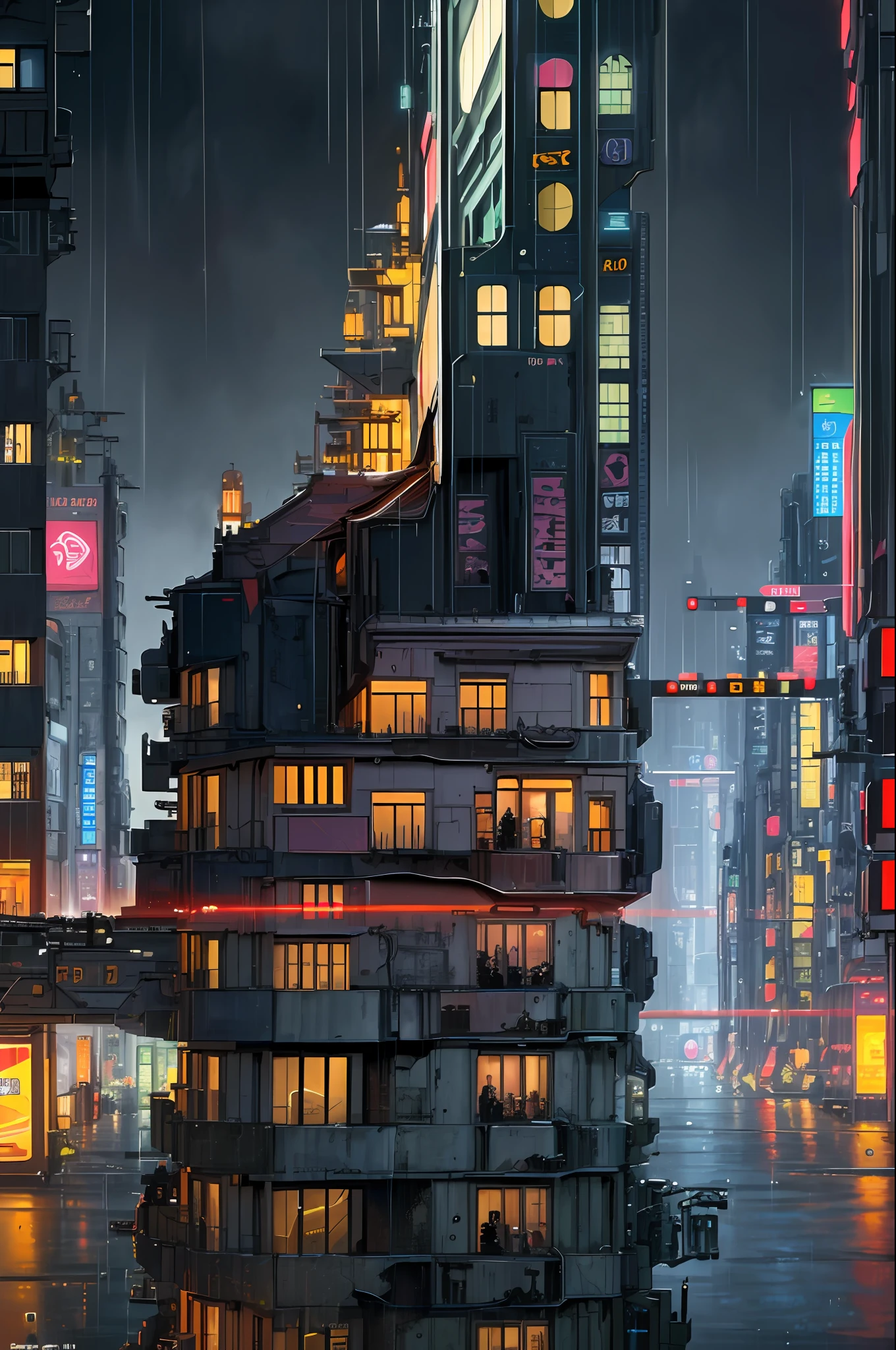 ((masterpiece)),((best quality)),((high detail)),((realistic,)) Futurist era city, architectural streets, futuristic train lines, cyberpunk, buildings, night, European city, rainy, neon