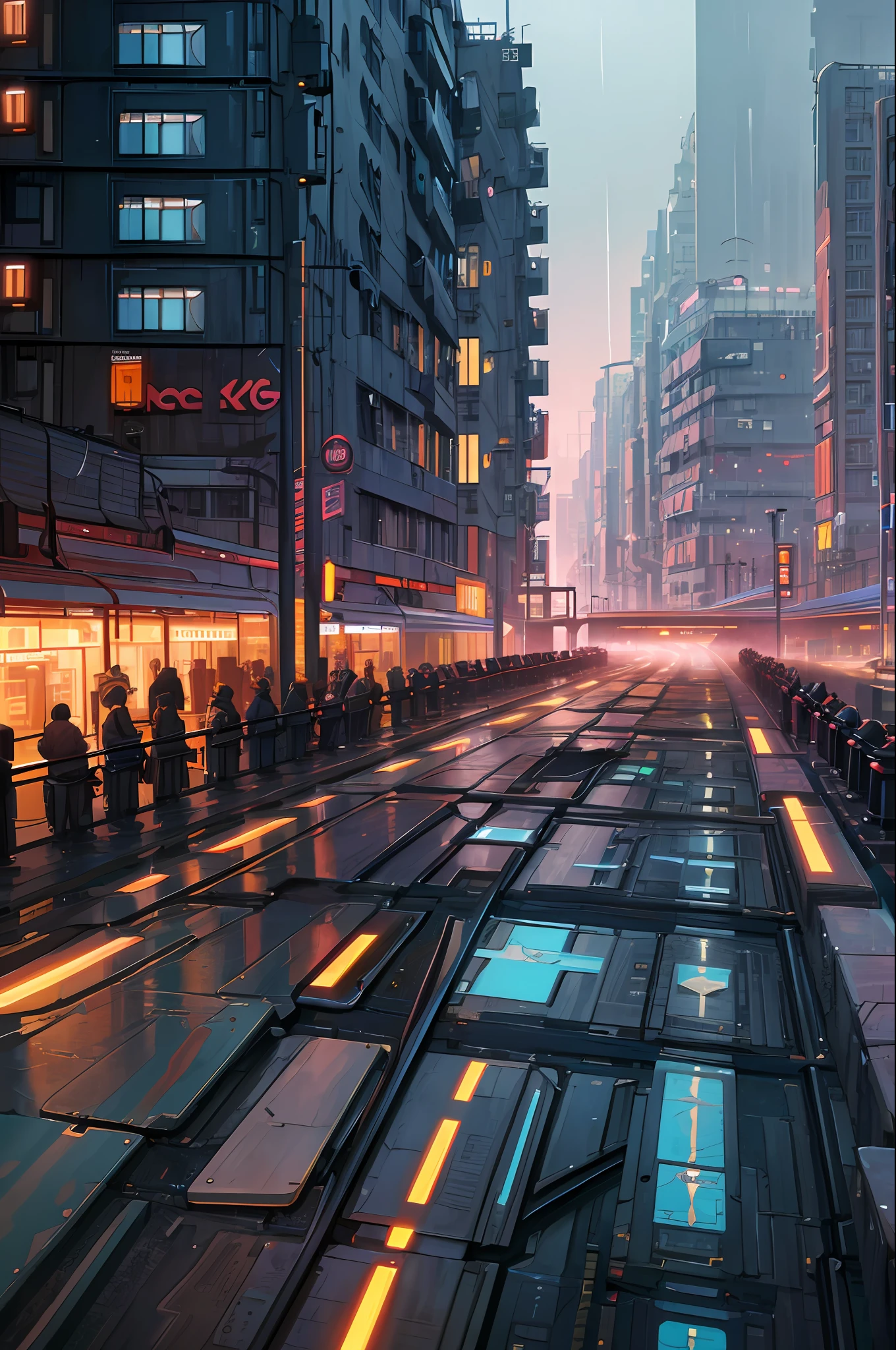 ((masterpiece)),((best quality)),((high detail)),((realistic,)) Futurist era city, architectural streets, futuristic train lines, cyberpunk, buildings, night, European city, rainy, neon
