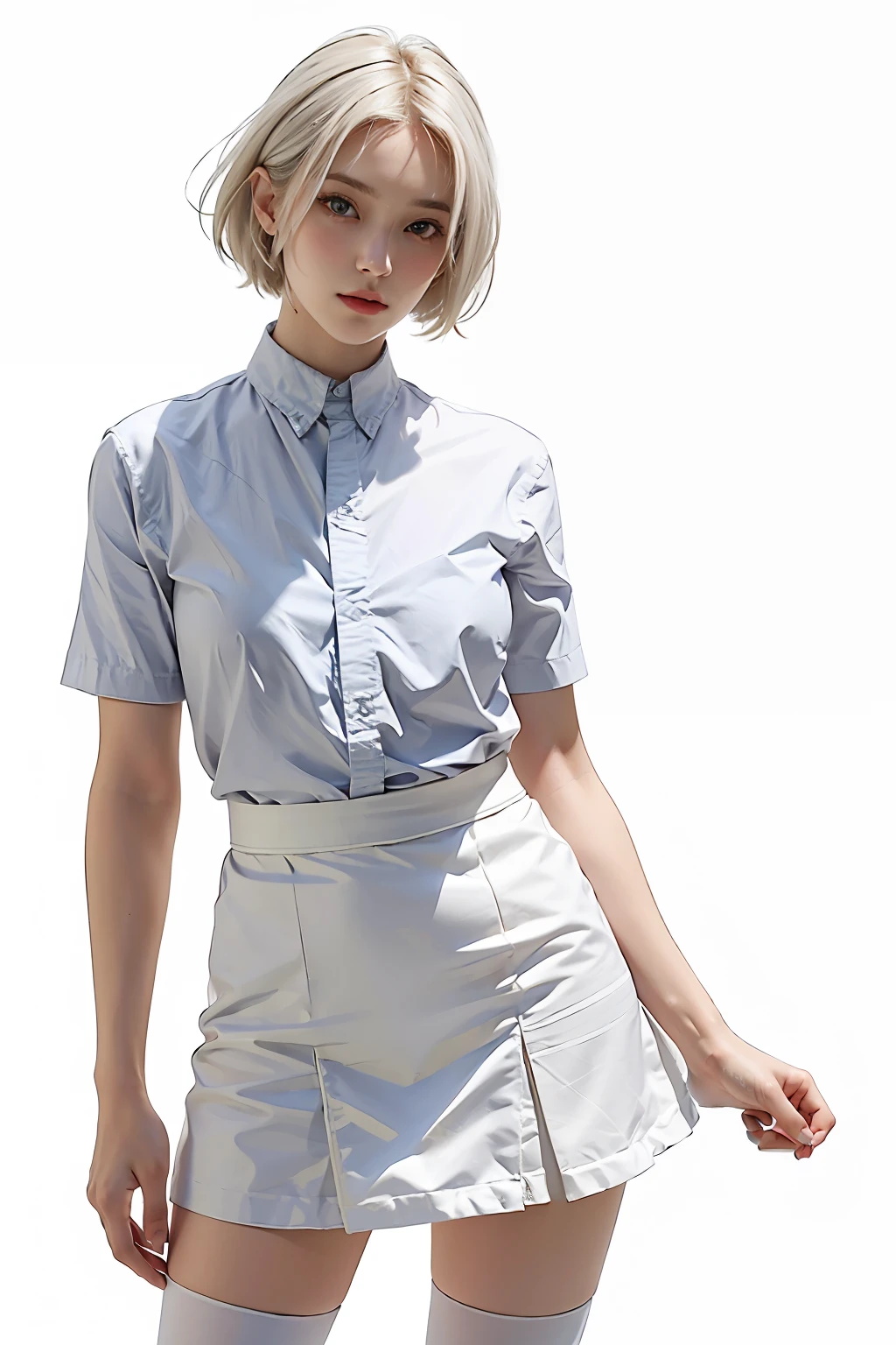 ((masterpiece, best_quality)), 1girl, (photorealistic:1.4),  solo, white_background, white_hair, short_hair,   zettai_ryouiki, skirt, ((full_body)),