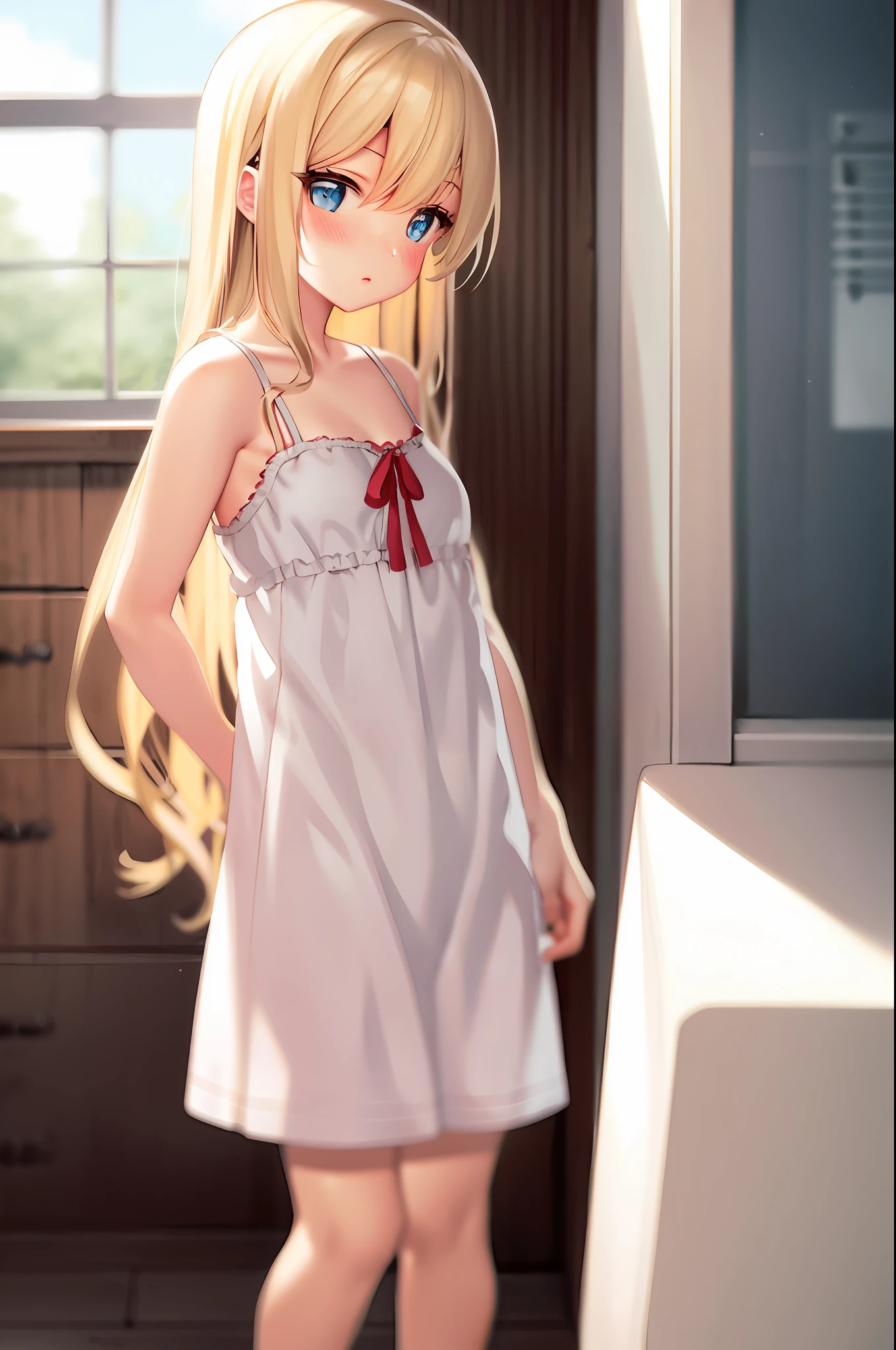Blonde Long Hair Lori Small Tits Tsundere Little Girl White Camisole Illustration Beautiful Girl