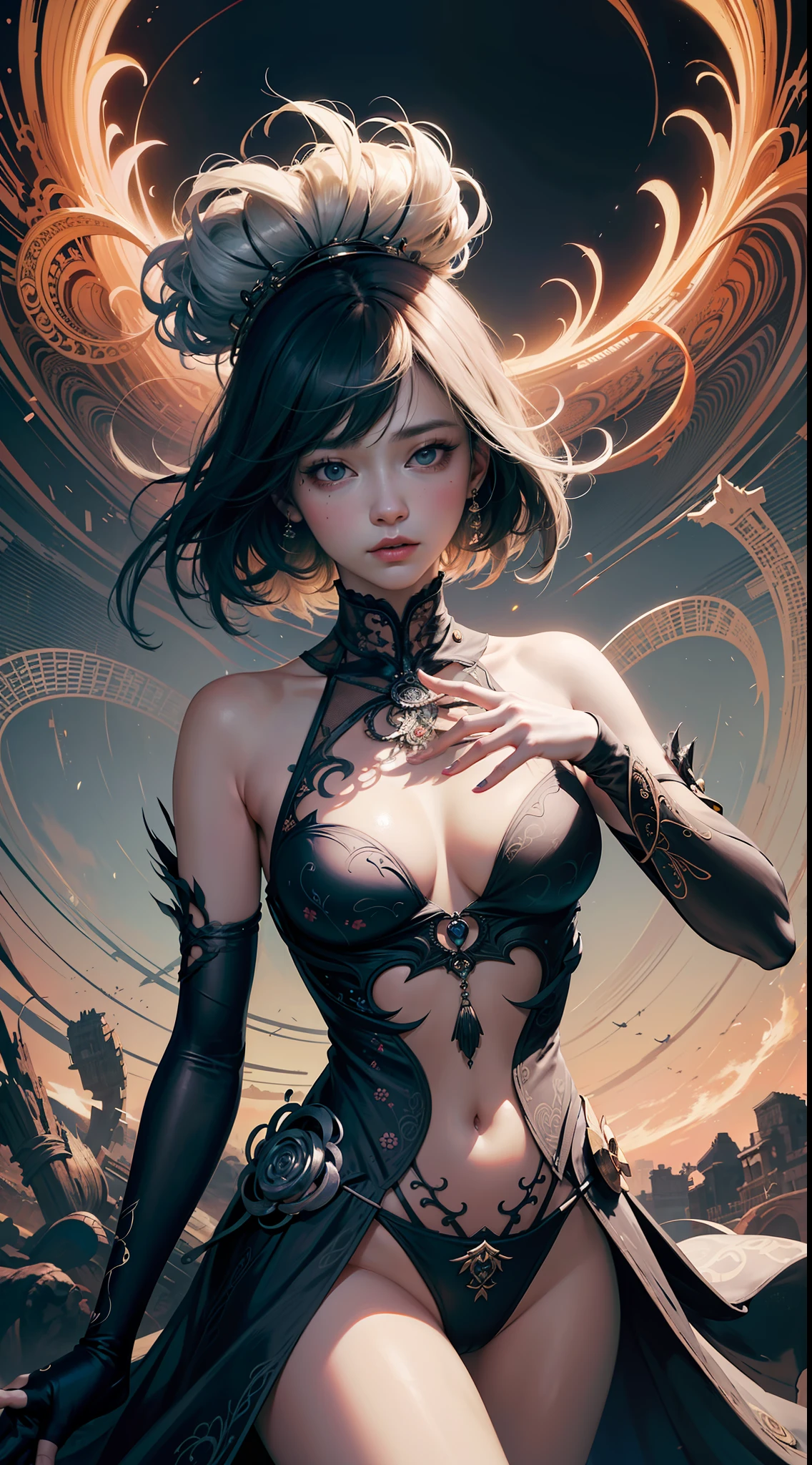 official art, unity 8k wallpaper, ultra detailed, beautiful and aesthetic, masterpiece, best quality, (zentangle, mandala, tangle, entangle), (fractal art:1.3) , 1girl, extremely detailed, dynamic angle, cowboyshot, the most beautiful form of chaos, elegant, a brutalist designed, vivid colours, romanticism, by james jean, roby dwi antono, ross tran, francis bacon, michal mraz, adrian ghenie, petra cortright, gerhard richter, takato yamamoto, ashley wood, atmospheric, ecstasy of musical notes, streaming musical notes visible