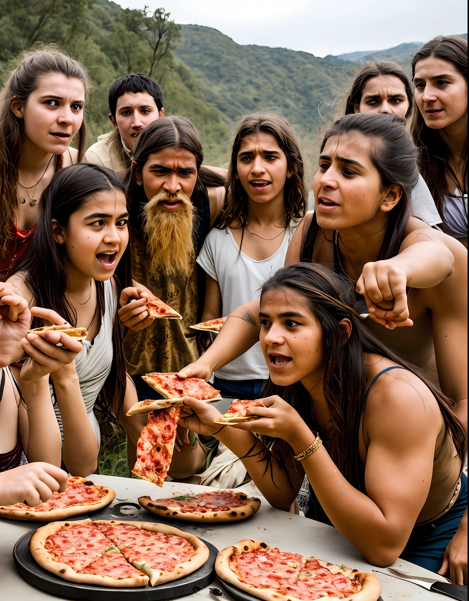 a stone age person eating pizza, a group with other stone age people, best angle , photo realistic, hyper detailed, best quality