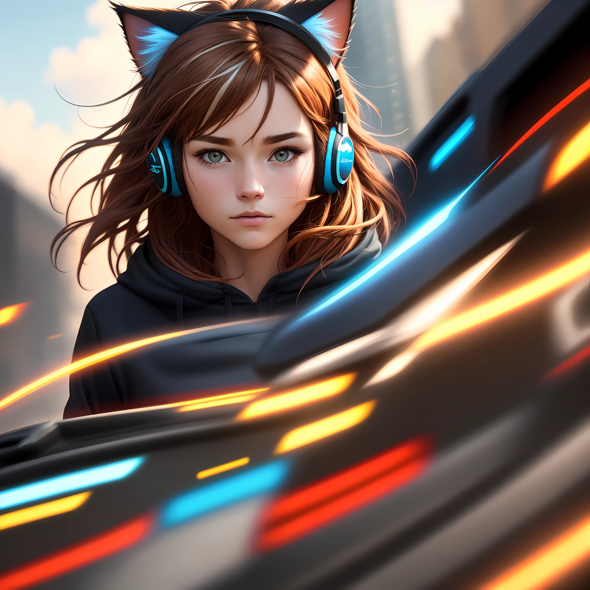streaked hair, colored inner hair, brown hair, light brown hair, blue hair, red hair, cat ear headphones, food on face, Futurism, chiaroscuro, motion blur, backlighting, film grain, 8k, UHD, 1080P, 16k