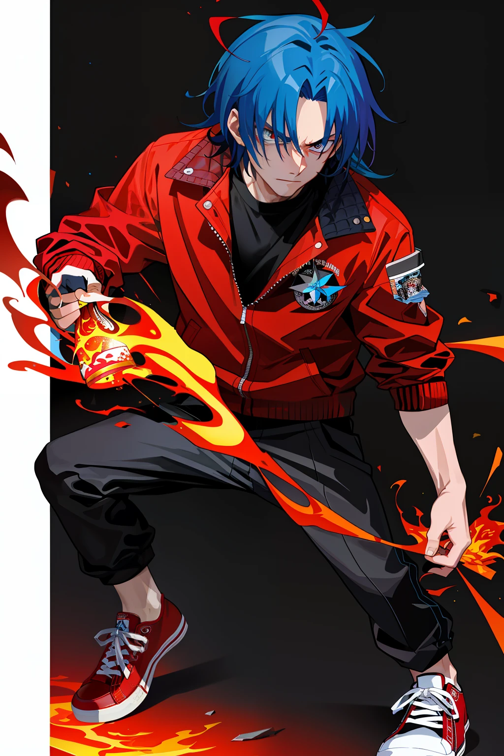 Villainous man, wearing a super detailed red degrade jacket, flaming power in his right hand, red All Star Converse sneakers, goosebump blue hair, power of destruction at his control, crumbling scenery with smoke and fires