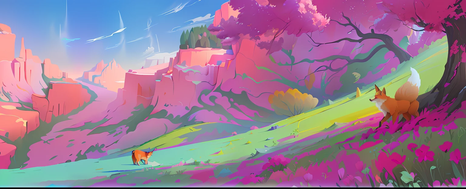 there is a painting of a colorful landscape with a fox and a dog, colorful concept art, digital 4k painting, vibrant digital painting, beautiful art uhd 4 k, anime landscape, jen bartel, painterly concept art, colorful digital painting, digital landscape art, pink landscape, 4 k digital painting, 4k digital painting, background art, background artwork