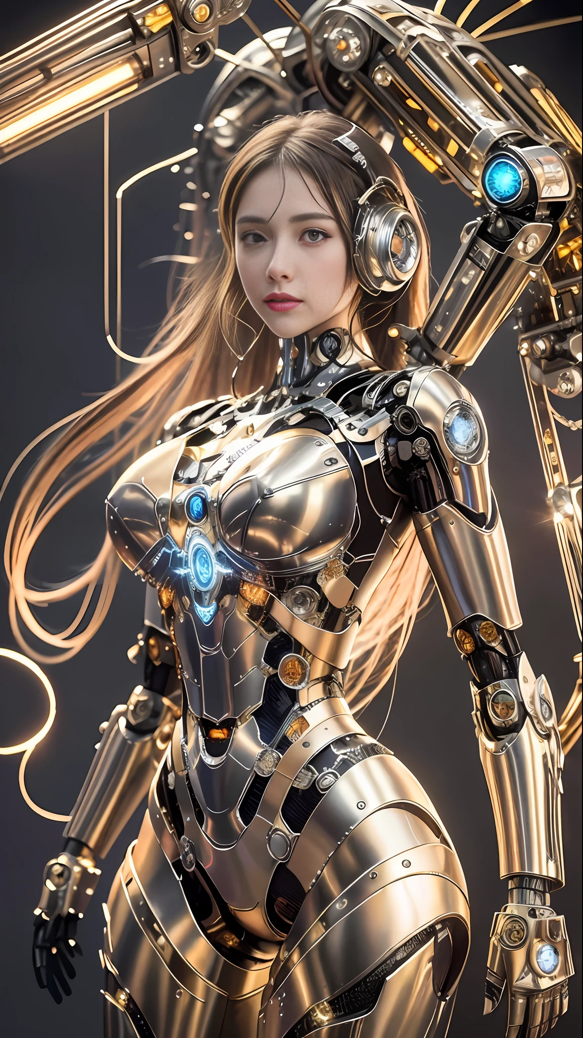 masterpiece, best quality,
1girl, solo, long hair, photorealistic,
(finely detailed beautiful eyes: 1.2),open clothes, glowing eyes, shiny hair, lustrous skin,((1 life-like robot)), metal construction, wires and cables, (glowing eyes), (mechanical arms), science fiction,(large mecha arm),cowboy shot, energy tank,