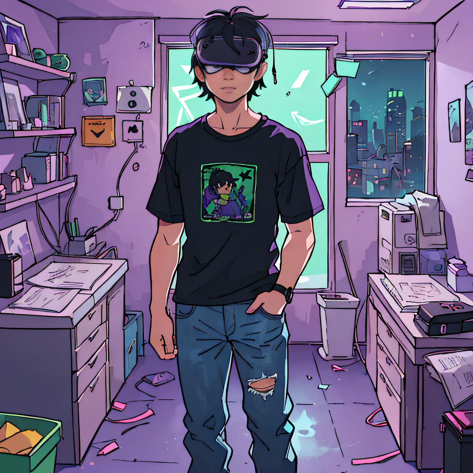 ((cyberpunk)), (night, dark room), (((VR goal held with both hands))))), (green light in the room)), ((purple light from outside)), (masterpiece), (best quality), (super detailed), (disheveled hair), (illustration), (****ung man), (white t-shirt and jeans), standing in front of a desk, delicate figure, (standing), (simple background), detailed eyes, tired face, sober face, (high saturation), (dark night), men's room, poor room, focus on face, black hair, bangs, room messy with cartoons, boys, anime, watching viewer, very detailed, short black hair, full body, rustic boy, best quality, super detailed, sad, tired, messy room