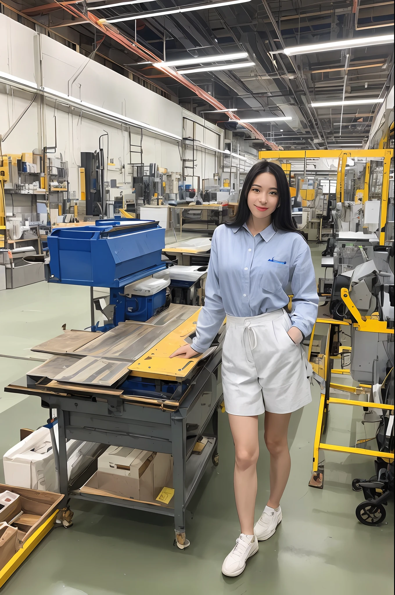 Masterpiece, Top Quality, Super Detail, Real Painting, 1 Girl, Solo, Full Body, Beautiful Mature College Girl, Muscular, Big: 0.5, Big Thighs, Work Clothes, Work Shoes, Workbench, Assembly Work, Work, Serious, Manufacturing, Manufacturing Plant, Clean Space, Electronics, Electric Screwdriver, Screw, Cleanliness, Light, Regulation, Standards, Efficiency, Productivity, Innovation, Excellence, Satisfaction, Teamwork, Dedication, Professionalism, safety culture, industrial fashion, machinery, wiring,