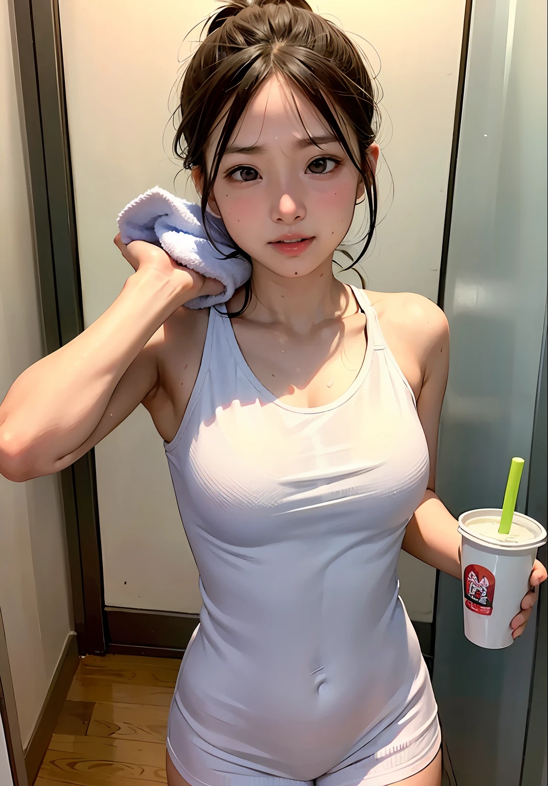 Junior high school student, cute schoolgirl, running a marathon, wiping sweat with towel, drinking drink