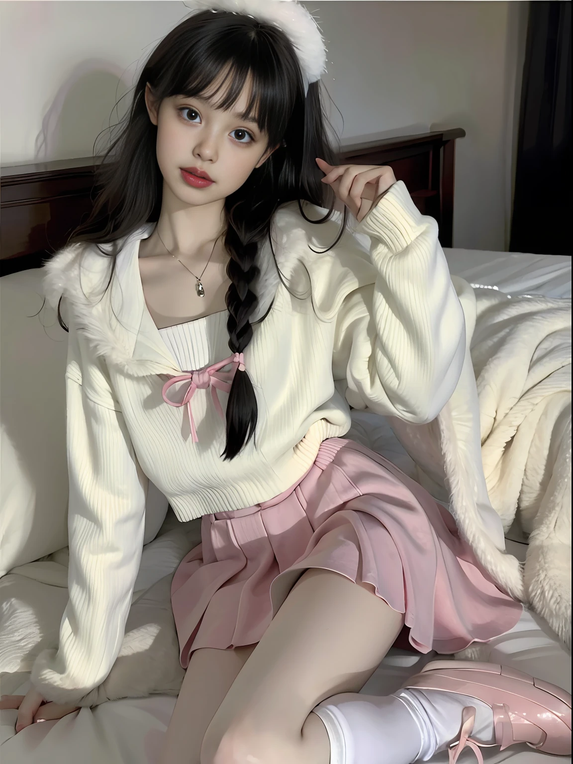 young girl, long hair realistic, vivid image, masterpiece, (best quality: 1.2), hyper detail, realistic, hd, high quality, cinematic light, ray tracing, ultra high resolution, uhd, (ultra lifelike: 1.5,), complex detail, detailed texture, fine detail, high quality shadows, beautiful skirt, full body, standing, panties walking, sexy pose, seductive pose, thin hips, long legs, small chest.