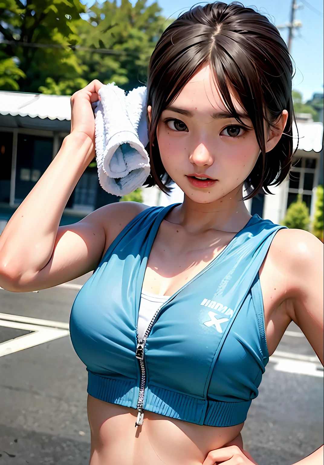 Junior high school student, cute schoolgirl, running a marathon, wiping sweat with towel, drinking drink