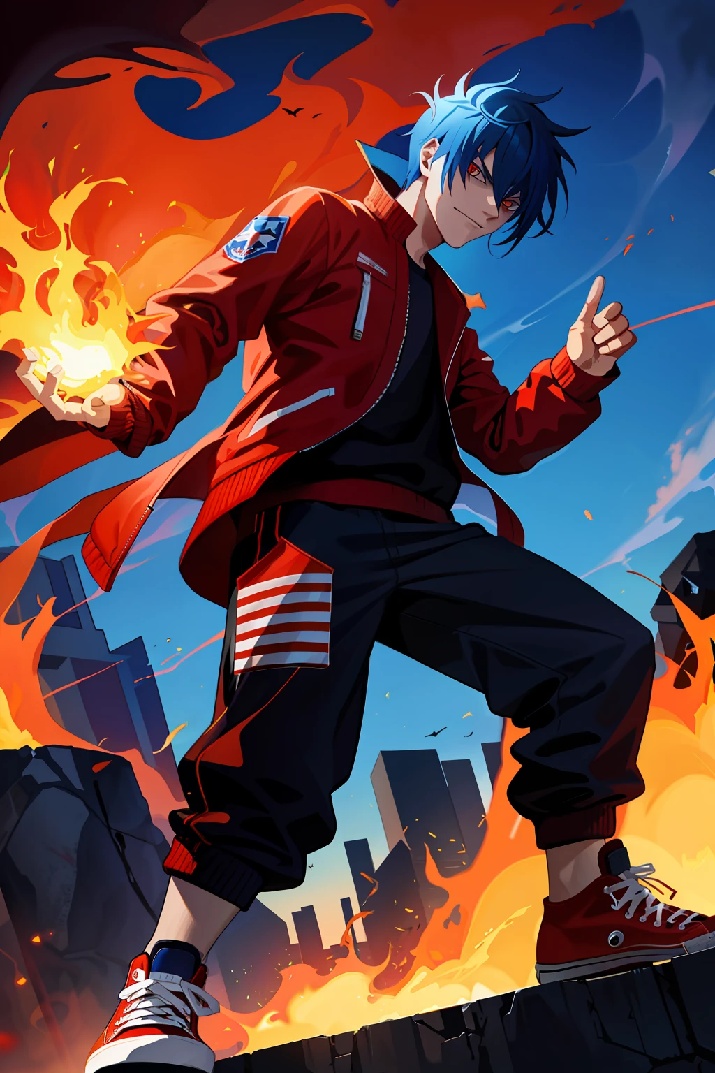 Villainous man, wearing a super detailed degrade red jacket, flaming power in his right hand, red All Star Converse sneakers, goosebump blue hair, power of destruction at his control, attack pose, ruined scenery with smoke and fires