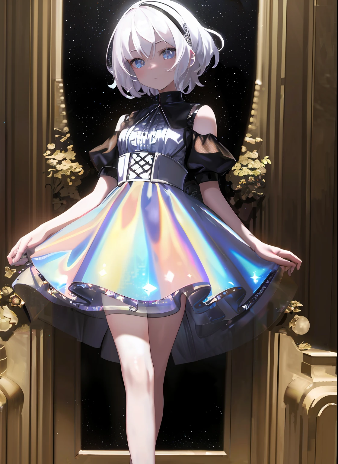 (((masterpiece))), (((best quality))), ((ultradetailed)),1girl,solo,short white hair,white transparent holographic clothing,black background,  light particles,  night,black night,