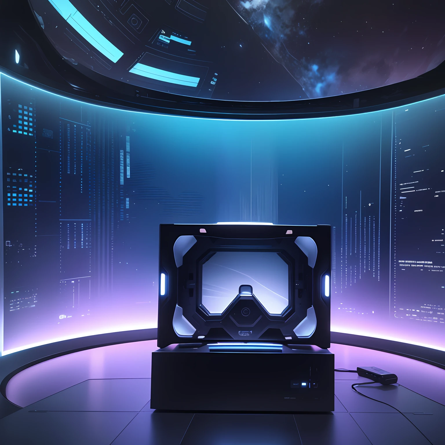 In the center of the tech stage is a VR glass, Glass frame, Blue light, Sense of technology, Mystery, UHD, best quality, masterpiece, 4K, masterpiece, super detail --auto --s2