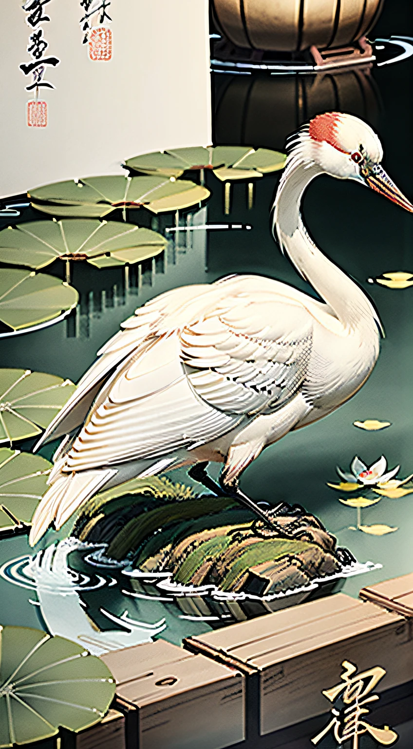 White crane painting in lotus pond, Chinese brush illustration, Chinese painting style, Chinese traditional painting, Chinese traditional ink painting, Chinese style painting, Chinese watercolor style, Chinese ink painting, beautiful artwork illustration, inspired by Xiao Yuncong, Chinese traditional art, Chinese painting, Zhongyuan Festival, inspired by Wang Yuanqi