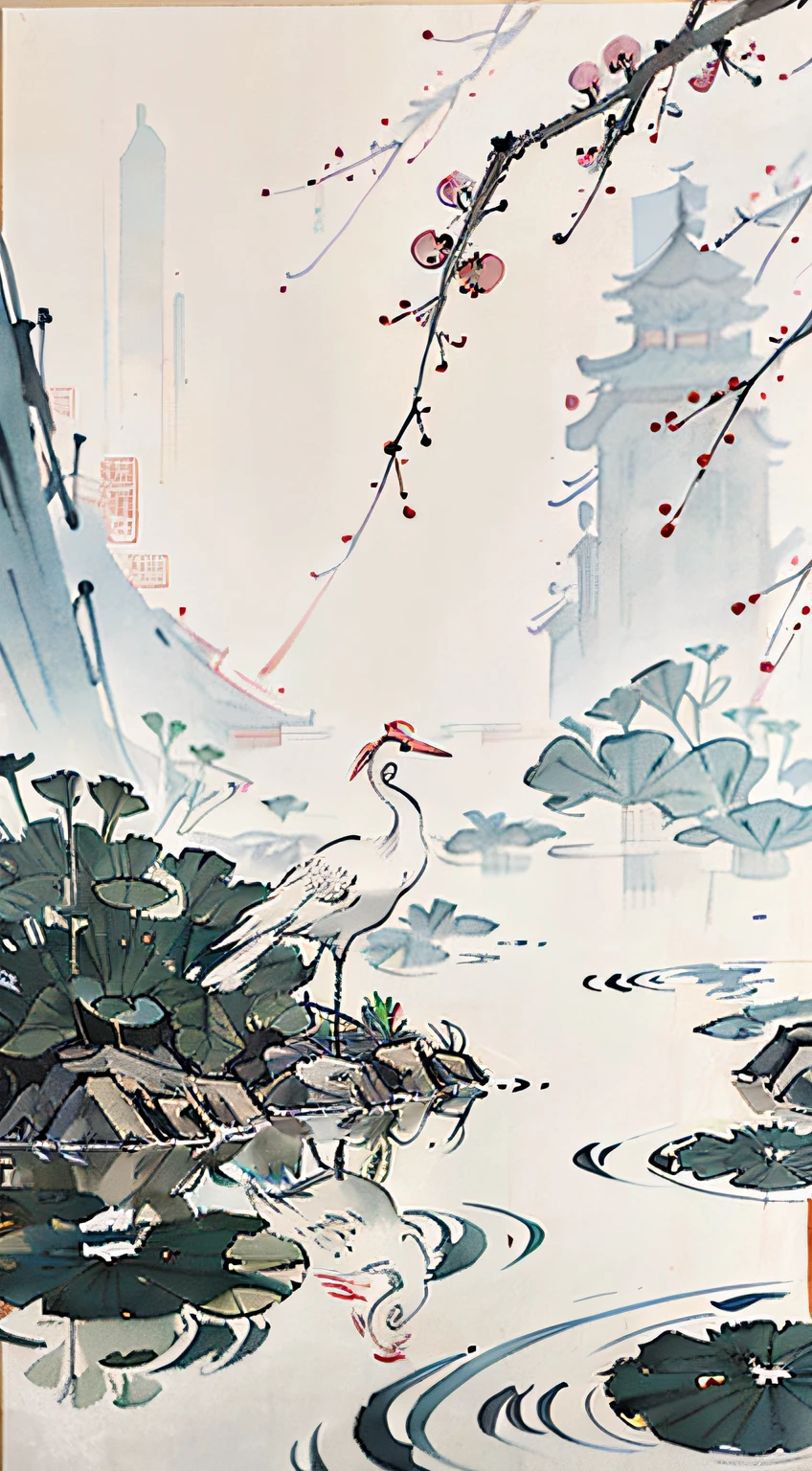 White crane painting in lotus pond, Chinese brush illustration, Chinese painting style, Chinese traditional painting, Chinese traditional ink painting, Chinese style painting, Chinese watercolor style, Chinese ink painting, beautiful artwork illustration, inspired by Xiao Yuncong, Chinese traditional art, Chinese painting, Zhongyuan Festival, inspired by Wang Yuanqi