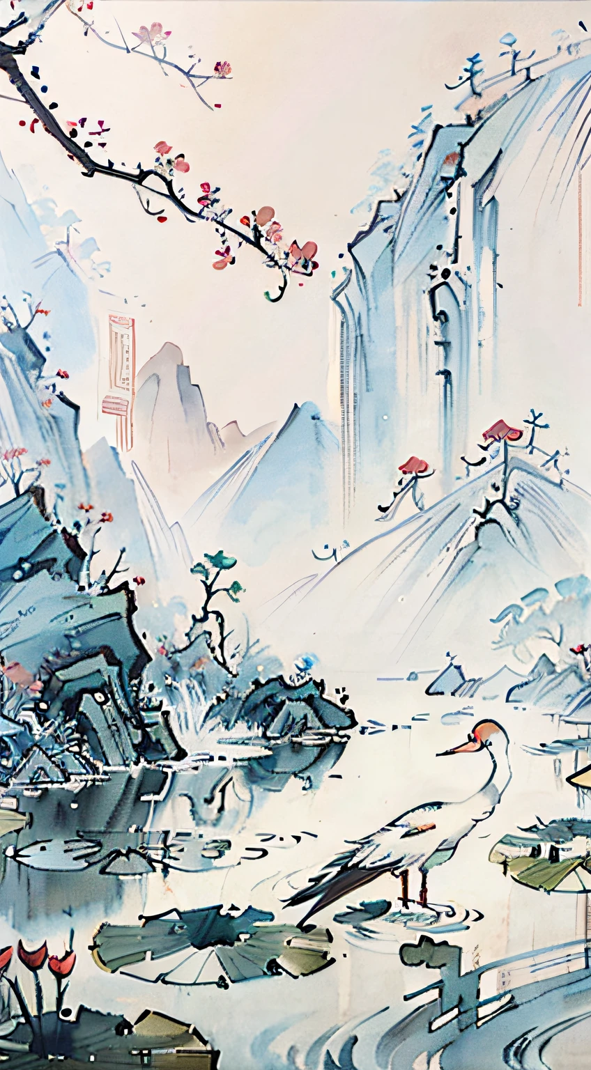 White crane painting in lotus pond, Chinese brush illustration, Chinese painting style, Chinese traditional painting, Chinese traditional ink painting, Chinese style painting, Chinese watercolor style, Chinese ink painting, beautiful artwork illustration, inspired by Xiao Yuncong, Chinese traditional art, Chinese painting, Zhongyuan Festival, inspired by Wang Yuanqi
