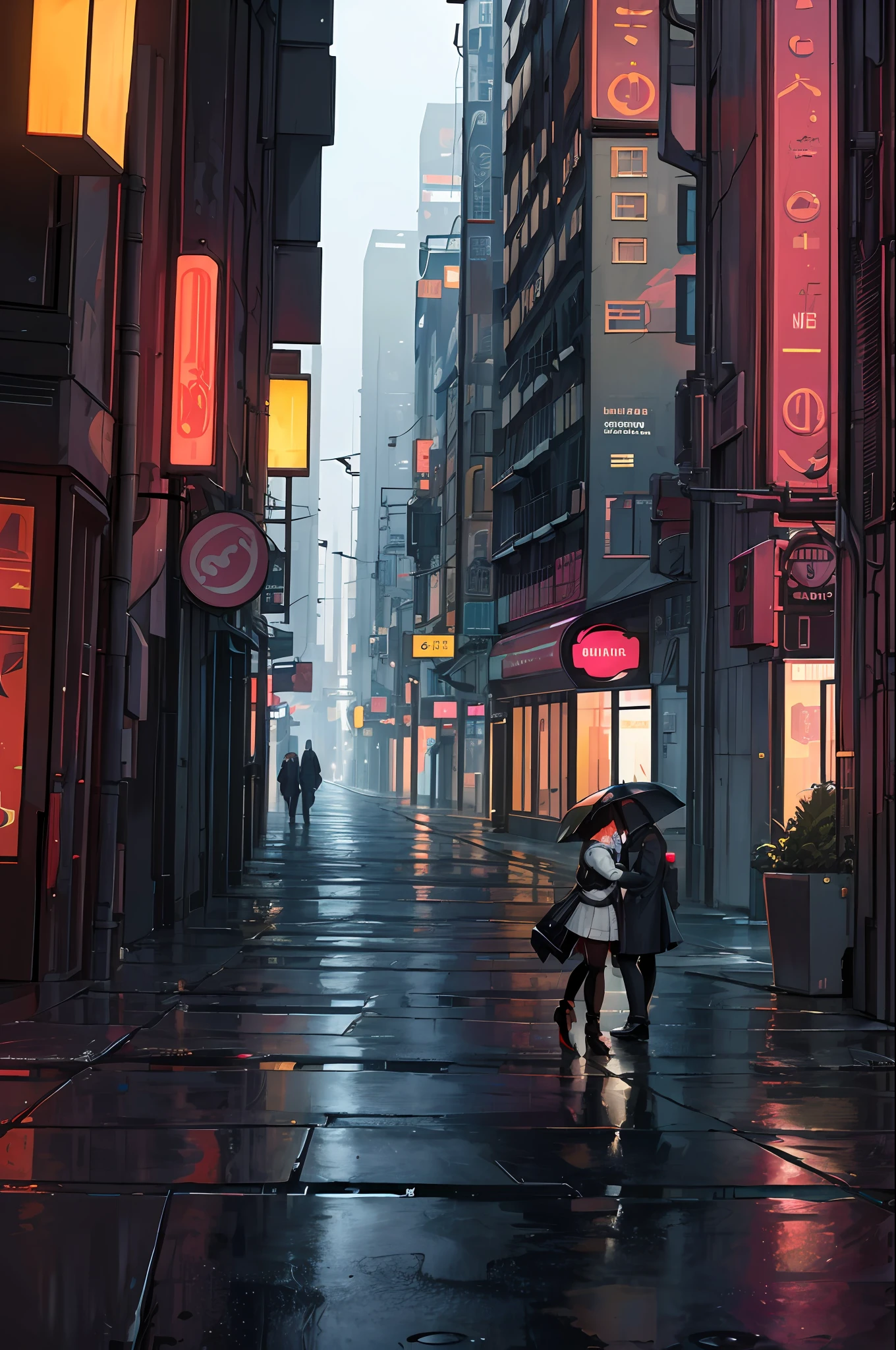 ((masterpiece)),((best quality)),((high detail)),((realistic,)) Futurist era city, architectural streets, streets, cyberpunk, buildings, night, european city, rainy, neon