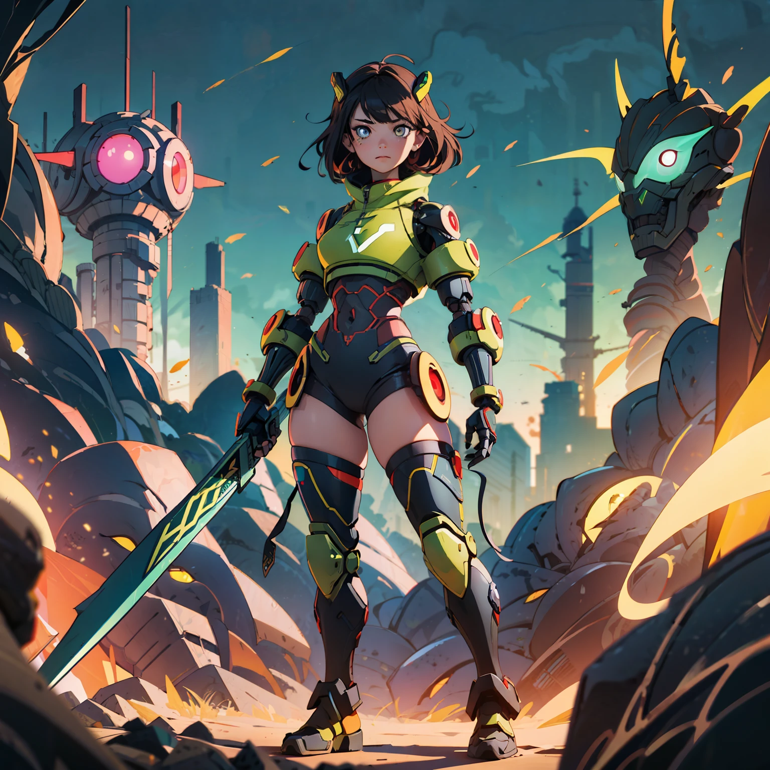 8K, Dark_Fantasy, (yellow: 1.50), (delicate face: 1.5), (snake pupil: 1.5), one eye black, one eye red, standing full body portrait, 1 person, mechanical miracle, robot presence
