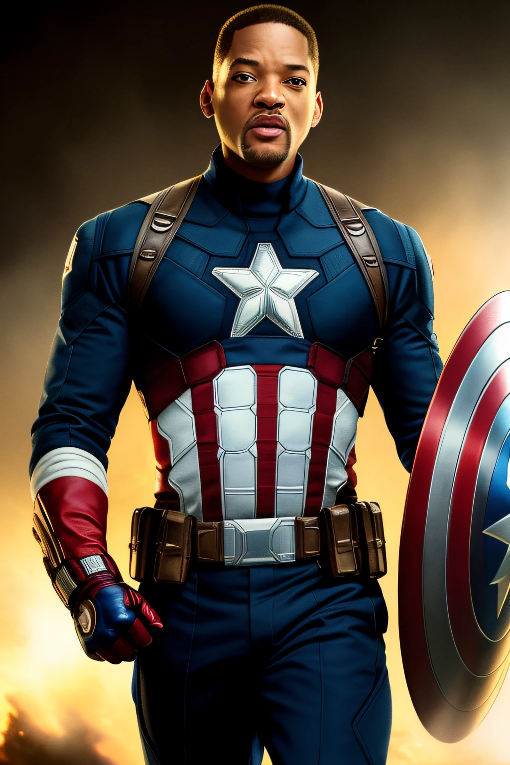 Tarantino style, Will Smith as Captain America 8k, high definition, detailed face, detailed face, detailed eyes, detailed suit, in style of marvel and dc, hyper-realistic, + cinematic shot + dynamic composition, incredibly detailed, sharpen, details + superb details + evening with light + perfectionism + award winning realism ((moody lighting)),(upper body)