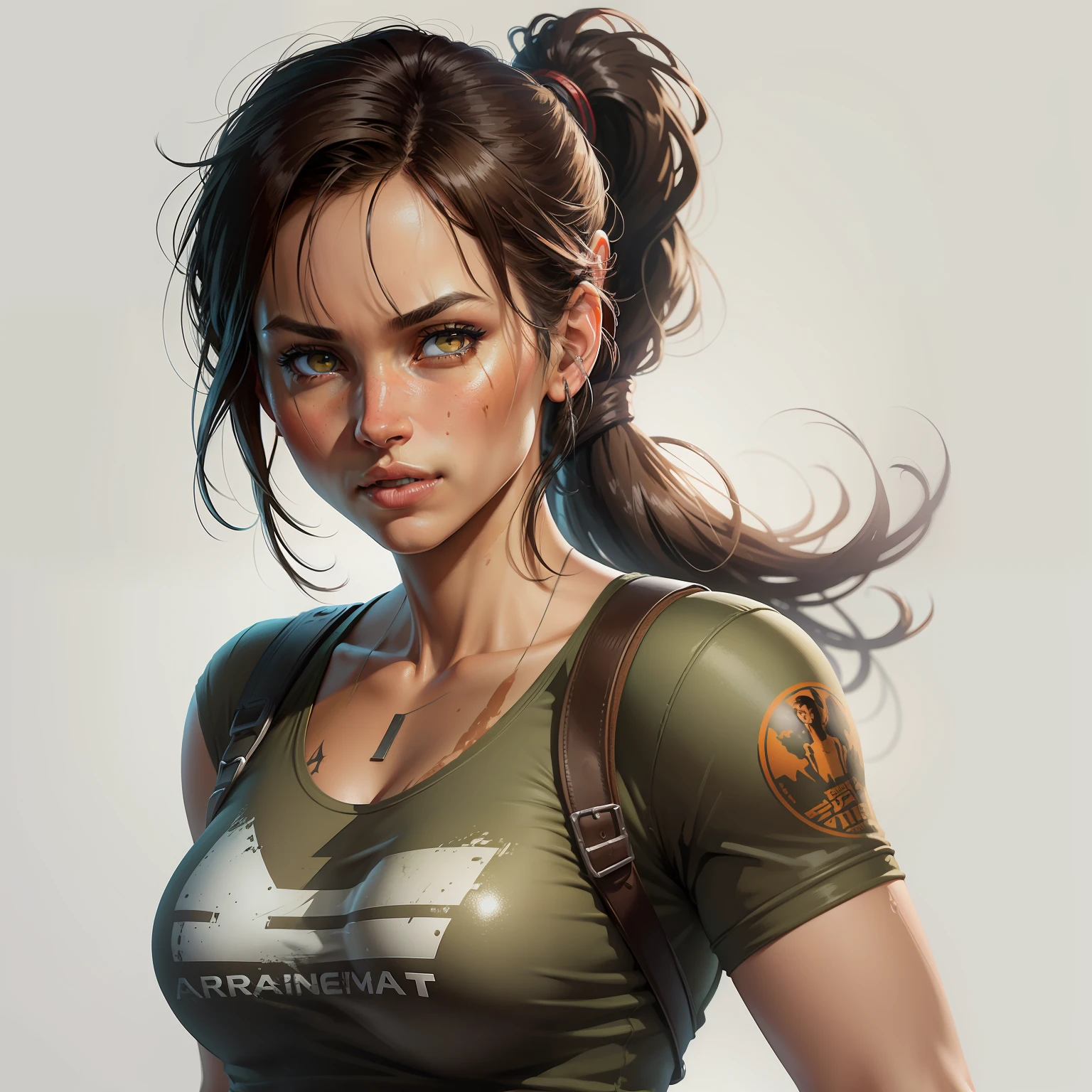 realism style, t-shirt design, centered artwork, 2D vector, watercolor, Lara Croft Tomb Raider, white background, Adobe Illustration, Trending on Artstation, hd, 8K, intricate details, vibrant eyes, gorgeous art, masterpiece, by Rafael Albuquerque , luminosity by REMBRANDT