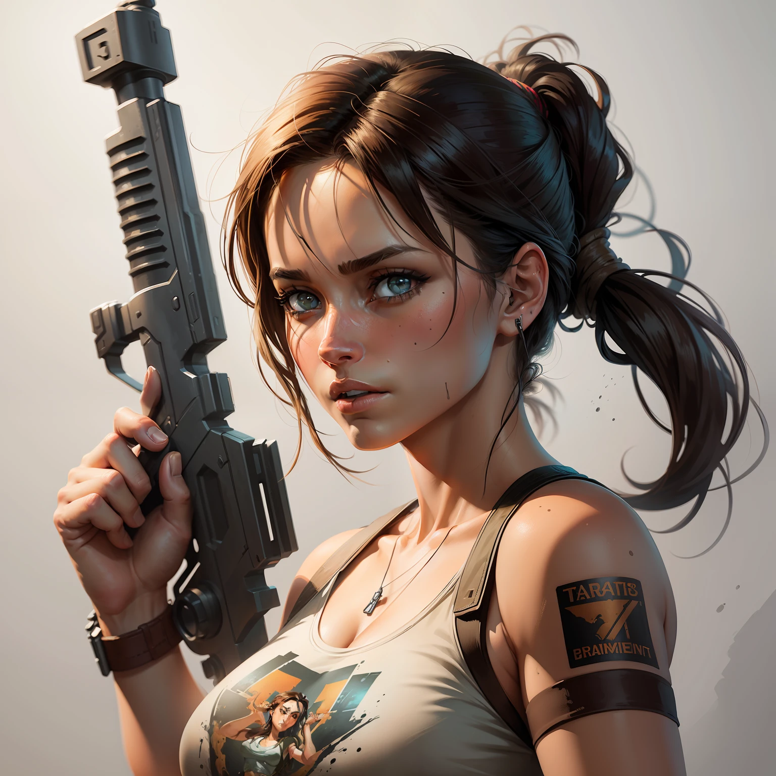 realism style, t-shirt design, centered artwork, 2D vector, watercolor, Lara Croft Tomb Raider, white background, Adobe Illustration, Trending on Artstation, hd, 8K, intricate details, vibrant eyes, gorgeous art, masterpiece, by Rafael Albuquerque , luminosity by REMBRANDT