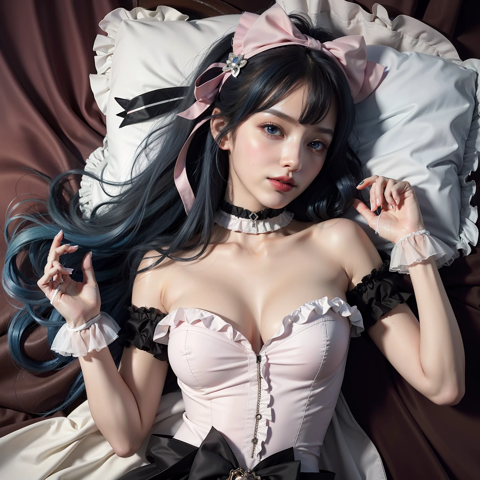 best quality, masterpiece, super high resolution, (realistic:1.4), original photo, 1girl, black bow, black gloves, black legs, blue eyes, ((blue hair)), bow, collarbone, dress, drilled hair, frilled dress, frilled trim, gloves, gwen\(League of Legends\), hair accessory, high resolution, league of legends, long hair, parted lips, fluffy sleeves, pink pupils, smile, solo, white dress, x, x hair ornament, delicate face, lying on bed, lying on the side, Eyeliner, lipstick, lips, red lips, complete hands