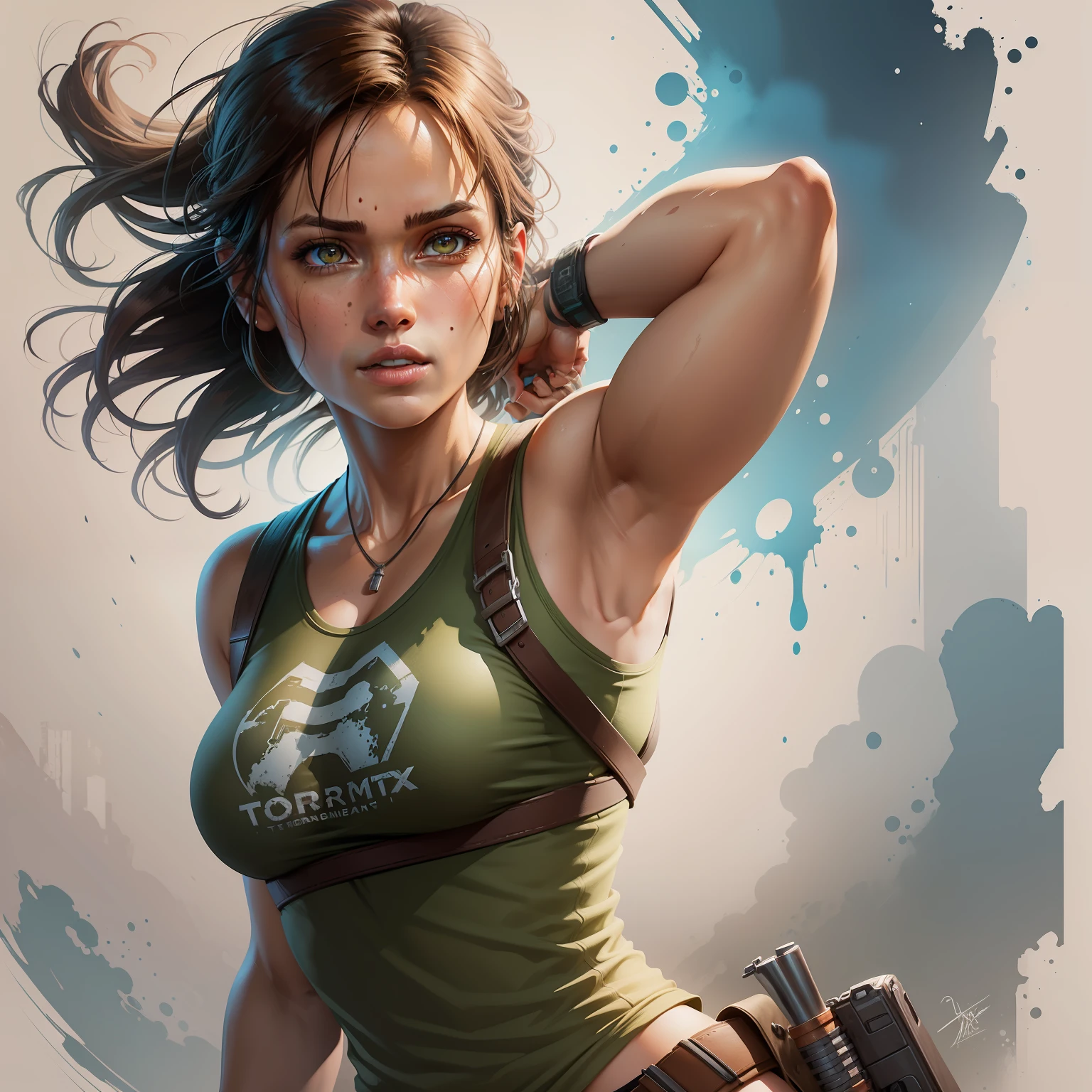 realism style, t-shirt design, centered artwork, 2D vector, watercolor, Lara Croft Tomb Raider, white background, Adobe Illustration, Trending on Artstation, hd, 8K, intricate details, vibrant eyes, gorgeous art, masterpiece, by Rafael Albuquerque , luminosity by REMBRANDT
