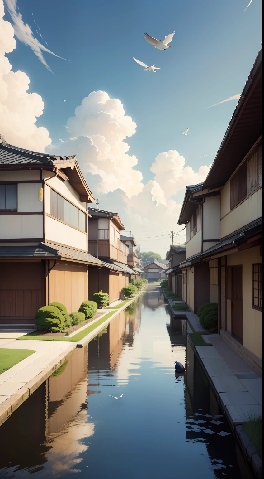 masterpiece, best quality, suburban hood in japan, some birds in the sky, anime screenshot, sky visible