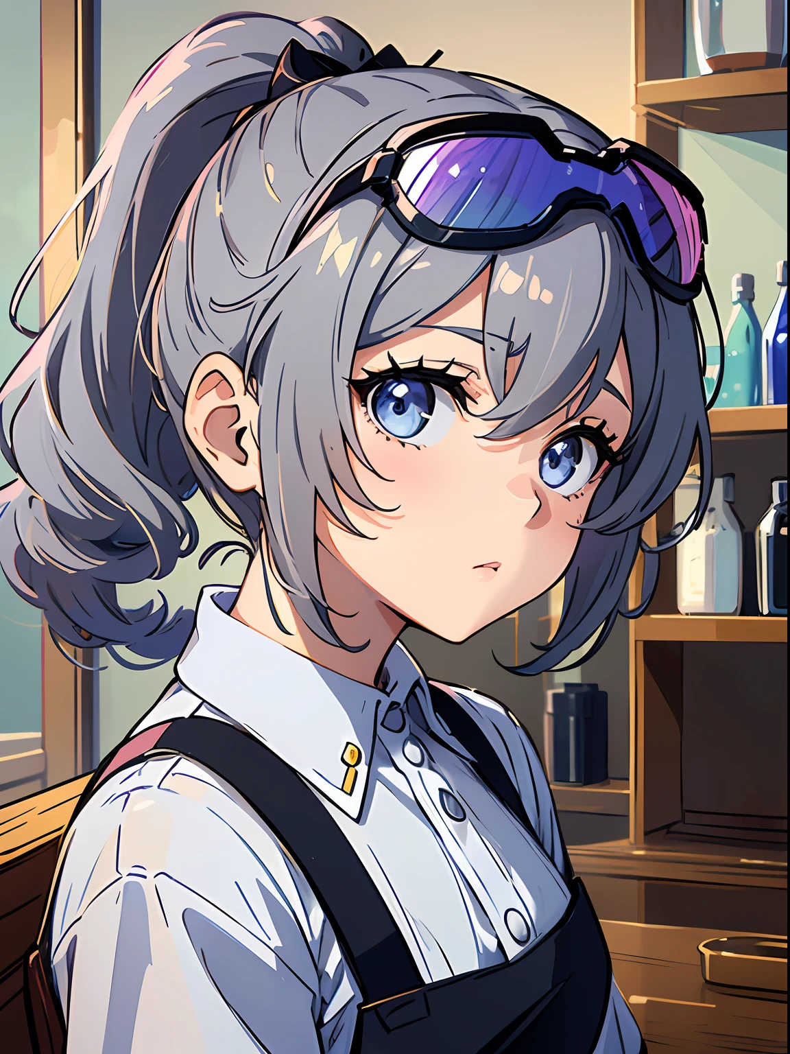 Exquisite masterpiece, best quality, illustration style, an anime girl with curly ponytail, gray beautiful eyes, petite figure, coffee clerk, white shirt, black apron, small, spring, wooden bar, warm colors, heartwarming, youthful and beautiful, with blue-violet gradient ski goggles, gray hair, showing a natural casual style. The dynamic posture contains the golden section, a large aperture portrait, the picture is blank, the contrast between light and shadow is strong, the texture is super strong, the picture is super clear and concise, presenting an extremely beautiful, elegant and dignified, delicate face