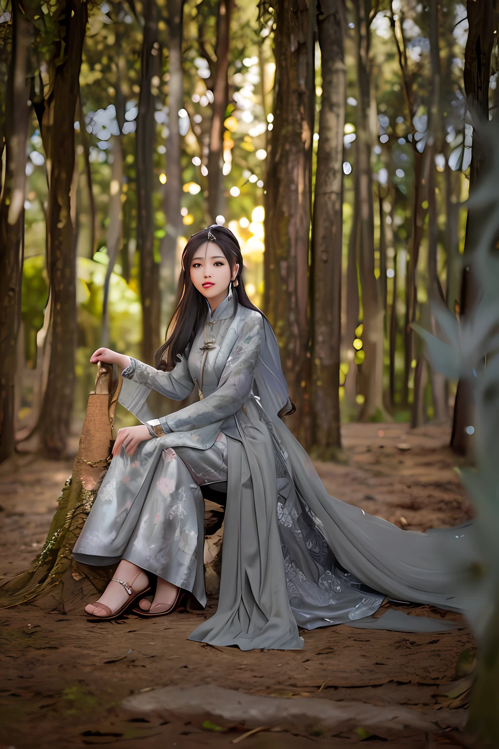 araffe woman sitting on a tree stump in a forest, ao dai, looking majestic in forest, portrait shot, high quality portrait, outdoor fine photography, dark grey, grey, grey forest in the background, grayish, captured on canon eos r 6, colour, traditional beauty, * colour splash *, beautiful woman, photo taken with nikon d750