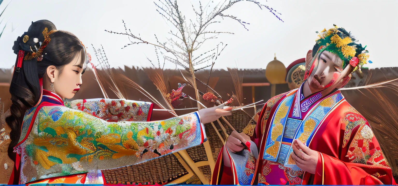 there is a man and a woman dressed in traditional chinese clothing, ceremonial ritual, video still, ceremony, hanfu, still from the film, chinese ribbon dance, opening scene, holy ceremony, scene from the film, screenshot from a movie, changquan, ceremonial, fully clothed in red robes, still from film, coronation of the flower prince, blessing hands
