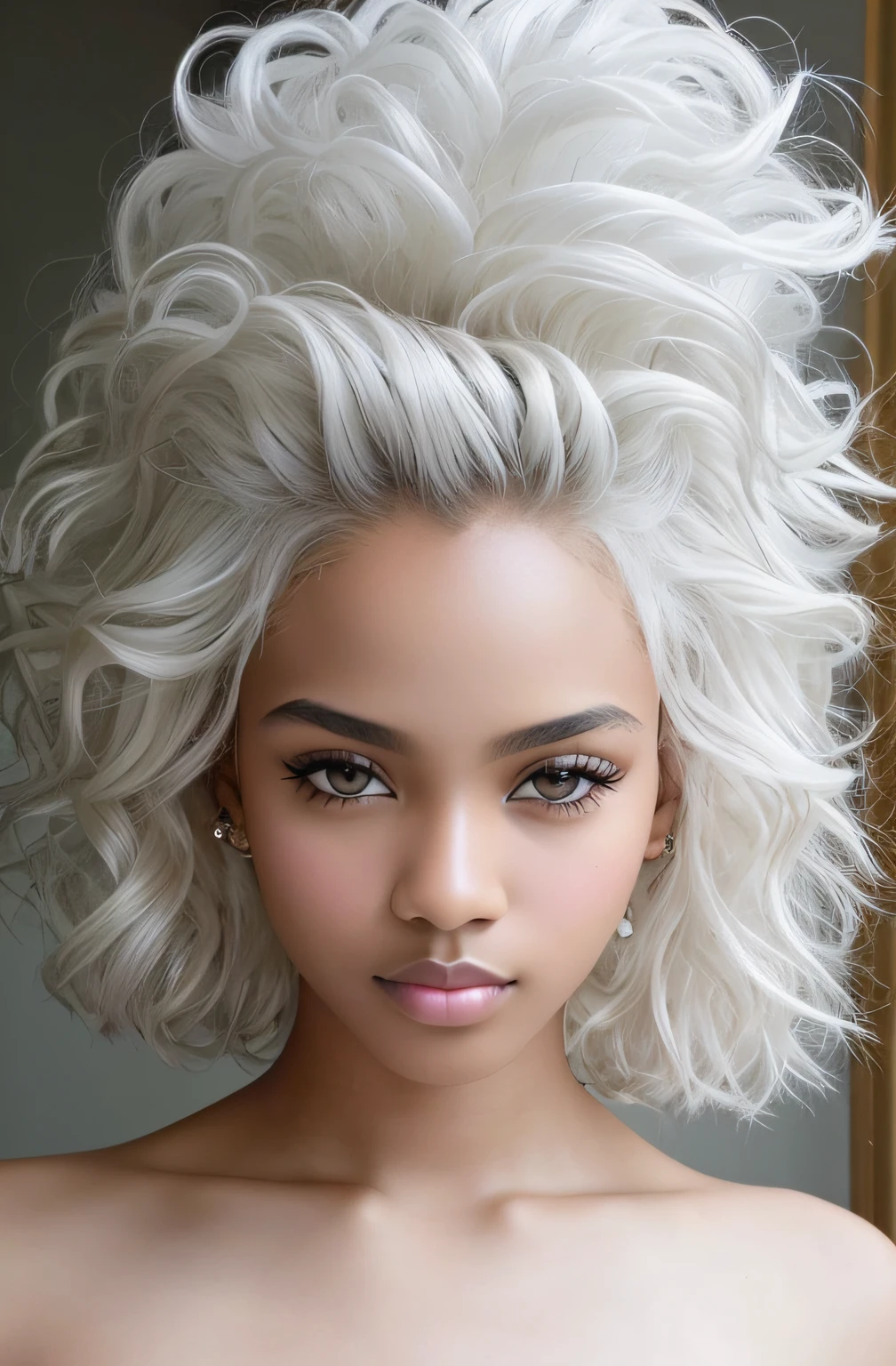 Afro-textured hair, sparkling eyes, dark skin, extreme long curly messed hair, masterpiece, looking up