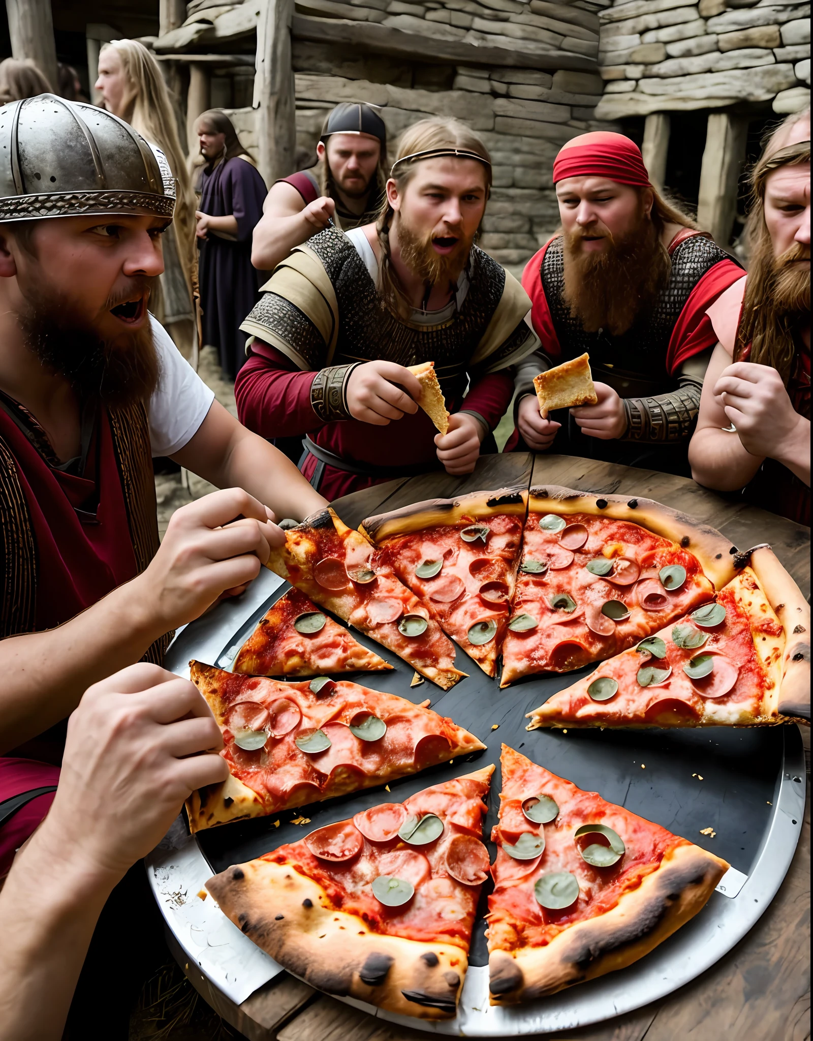 a viking persond eating pizza, a group with other stone age people, best angle , photo realistic, hyper detailed, best quality