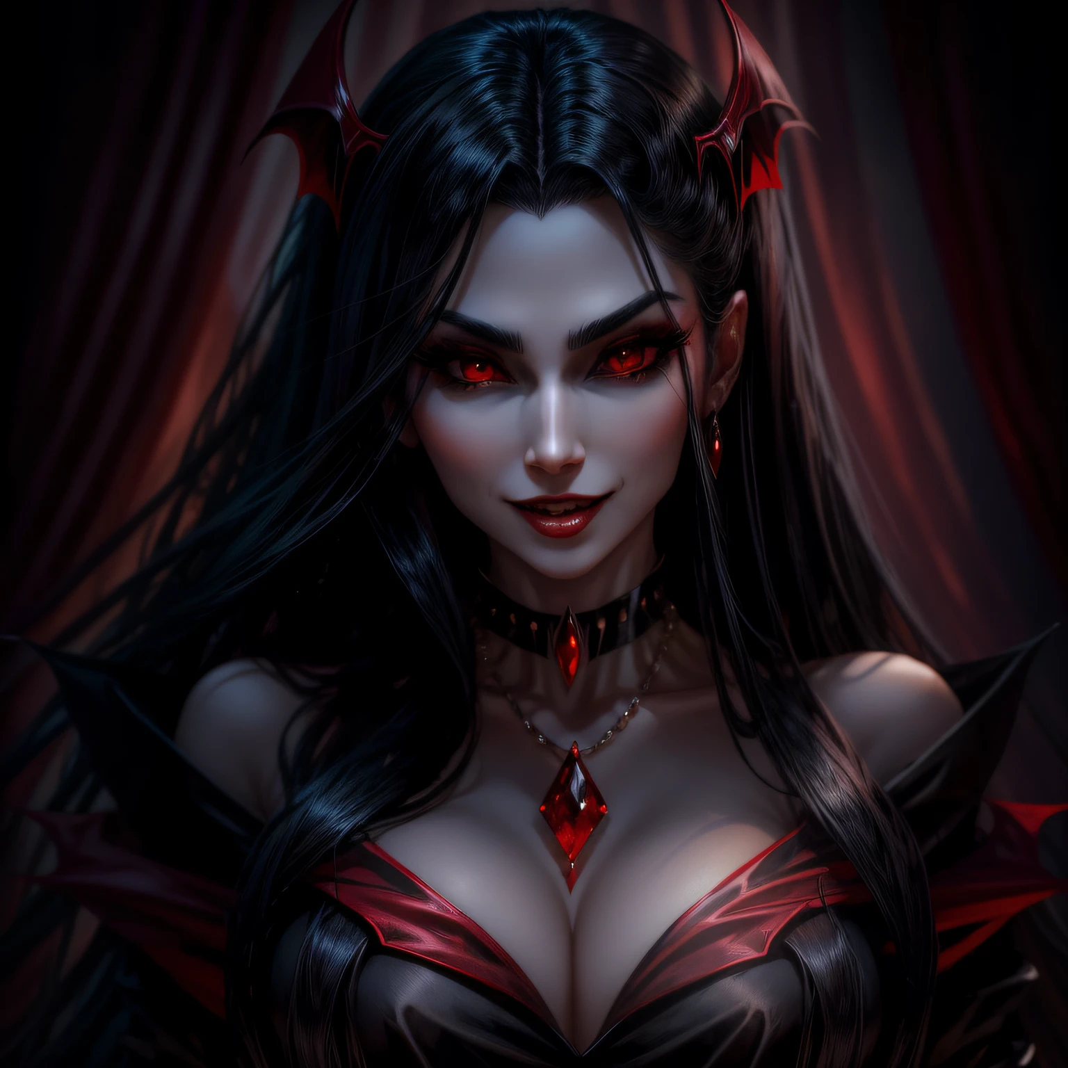 Vampire woman, on average of her 27 years, hot, long black and red dress, chest neckline, large chest, long black hair, various jewels of adornment, young and beautiful face, happy face, thirsty face, proud and hot, badass pose --auto --s2