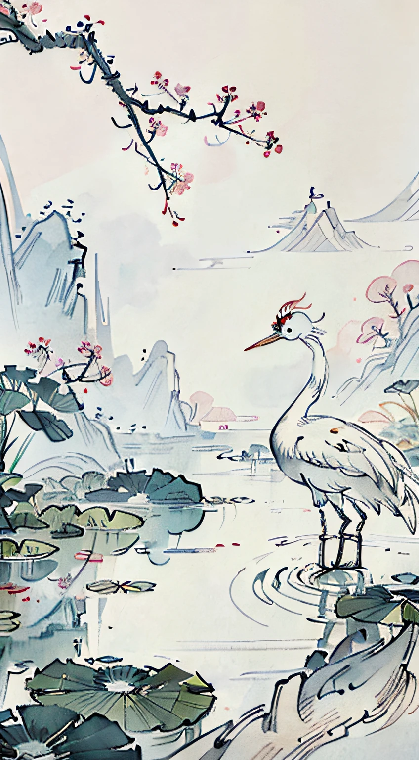 White crane painting in lotus pond, Chinese brush illustration, Chinese painting style, Chinese traditional painting, Chinese traditional ink painting, Chinese style painting, Chinese watercolor style, Chinese ink painting, beautiful artwork illustration, inspired by Xiao Yuncong, Chinese traditional art, Chinese painting, Zhongyuan Festival, inspired by Wang Yuanqi
