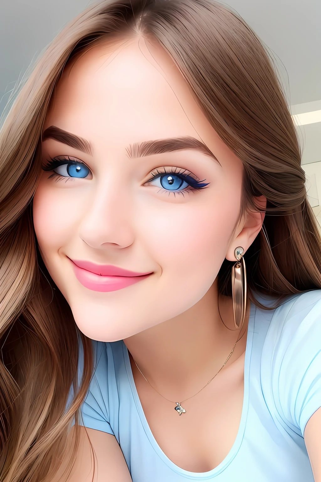 Beautiful girl. Cuty smile. Blue eye. Pink lips. sweety face. Brown hair. White short top. blue pinty. Standind with sexy post