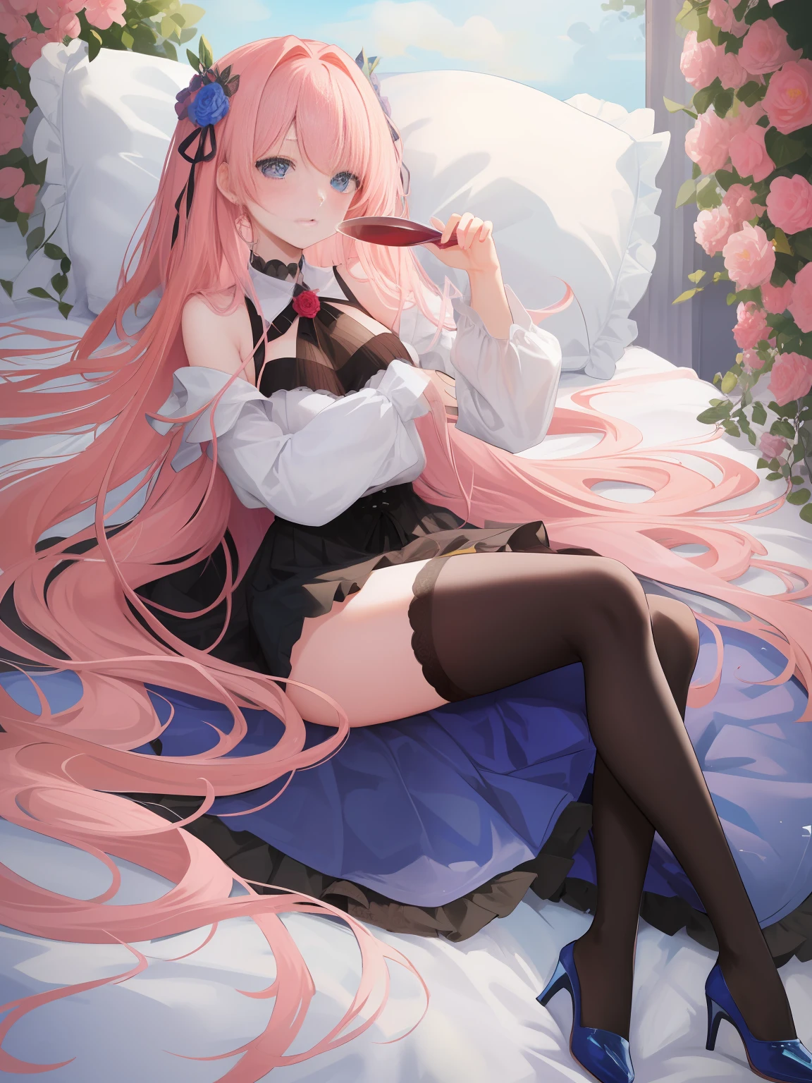 A beautiful girl, sweet, full body photo, flesh-colored lace, pink long hair, closed moon shame flower, overwhelmed by the country, incomparably beautiful, black stockings, blue eyes, full body portrait, close-up, high heels, full body portrait, lying on the bed, blue gauze skirt, delicate facial features, perfect body, messy pink long hair, moaning, seductive, bare shoulders, holding a wine glass